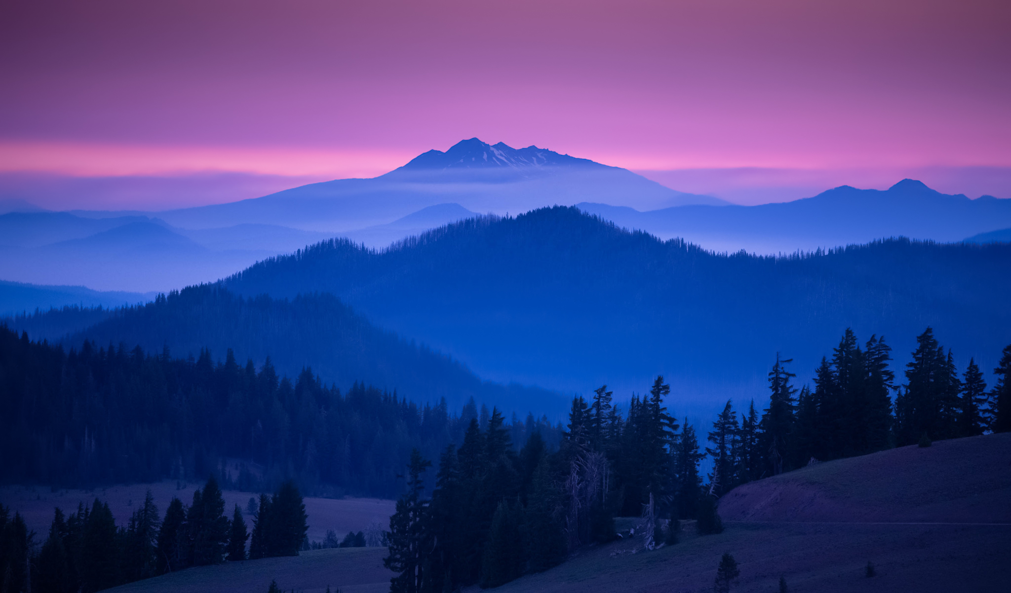 John S Landscape Sky Purple Sky Colorful Horizon Sunset Mist Mountains Trees Nature 2048x1202