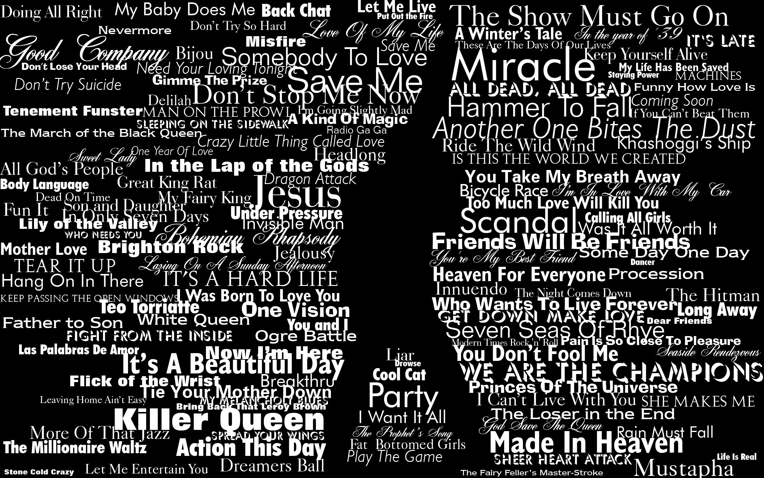 Typography Queen Freddie Mercury Silhouette Rock Music Pop Music Popculture Mixed Fonts Lyrics Black 2560x1600