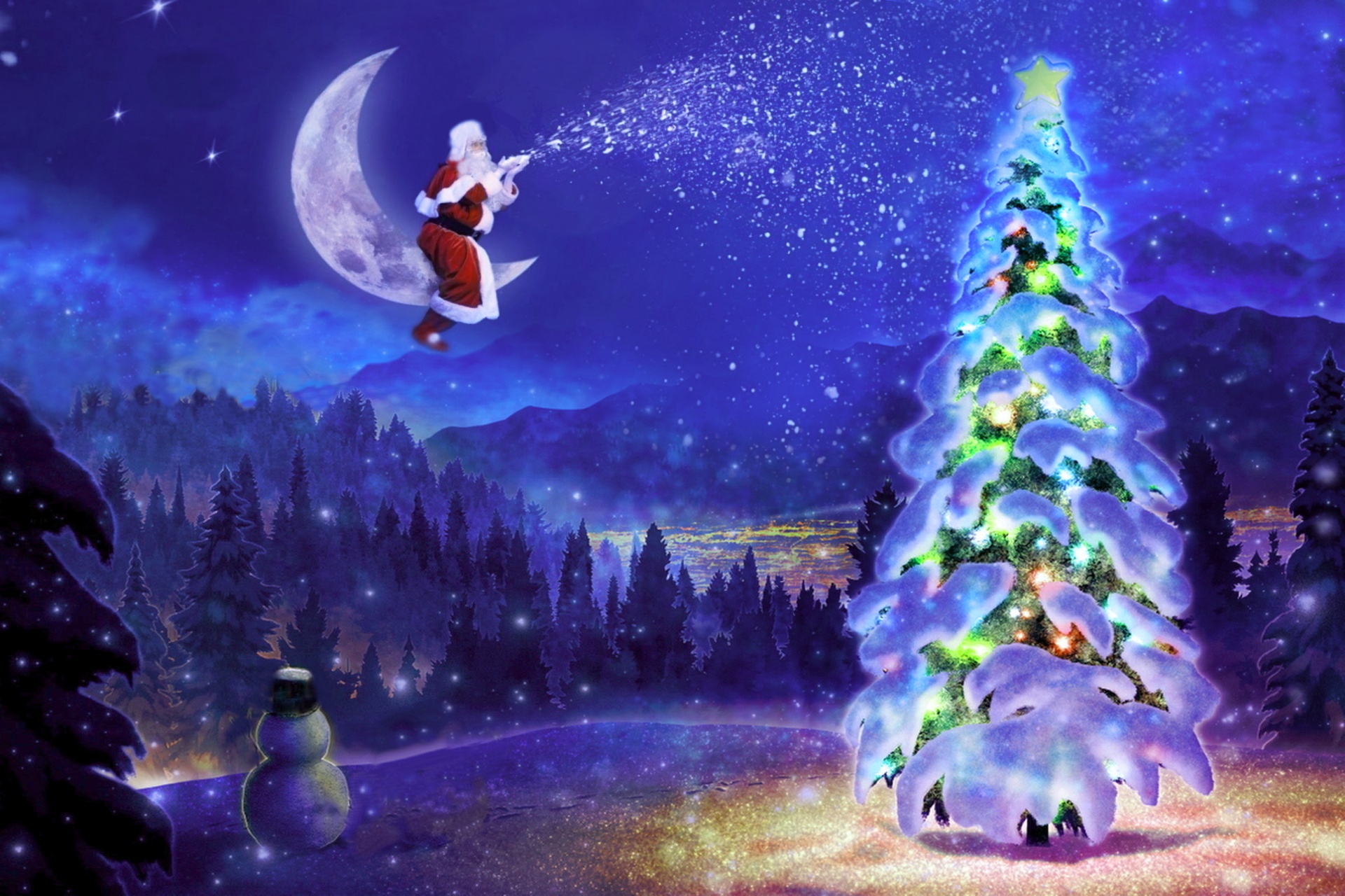 Christmas Tree Night Moon Snowman Santa 1920x1280