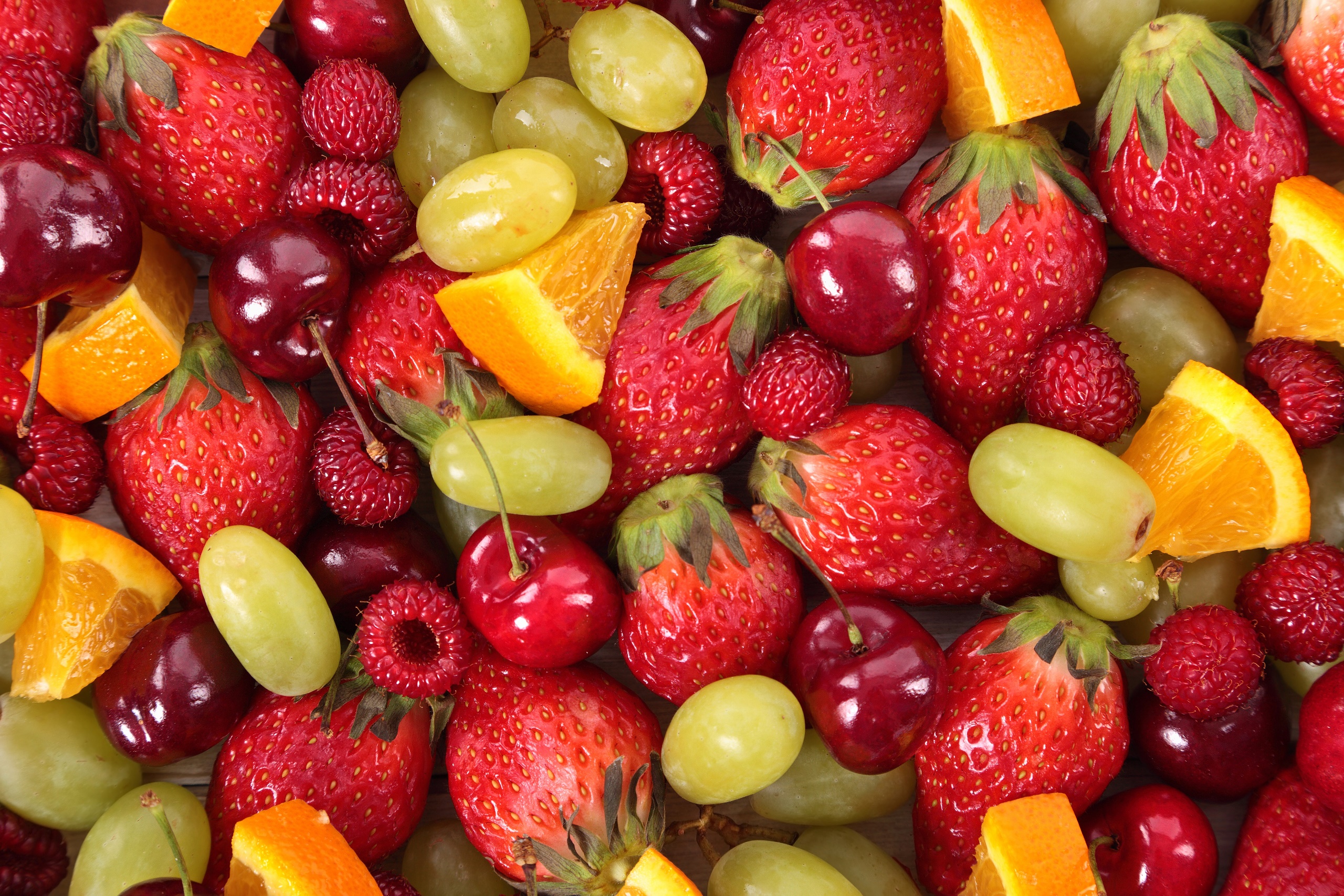 Colorful Food Fruit Berries Strawberries Cherries Orange Fruit Grapes Raspberries 2560x1707
