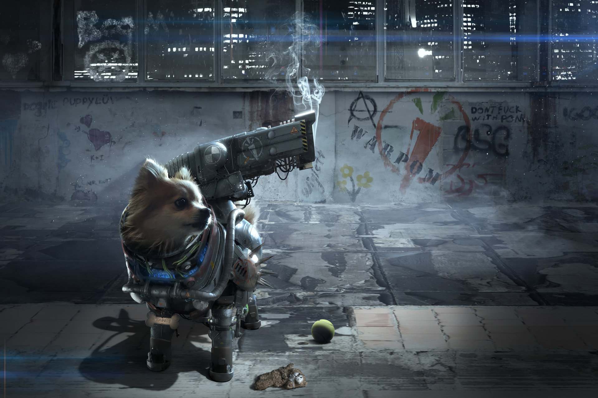 Dog CGi Artwork Futuristic Weapon Cyberpunk Pomeranian Graffiti Urban 1920x1276