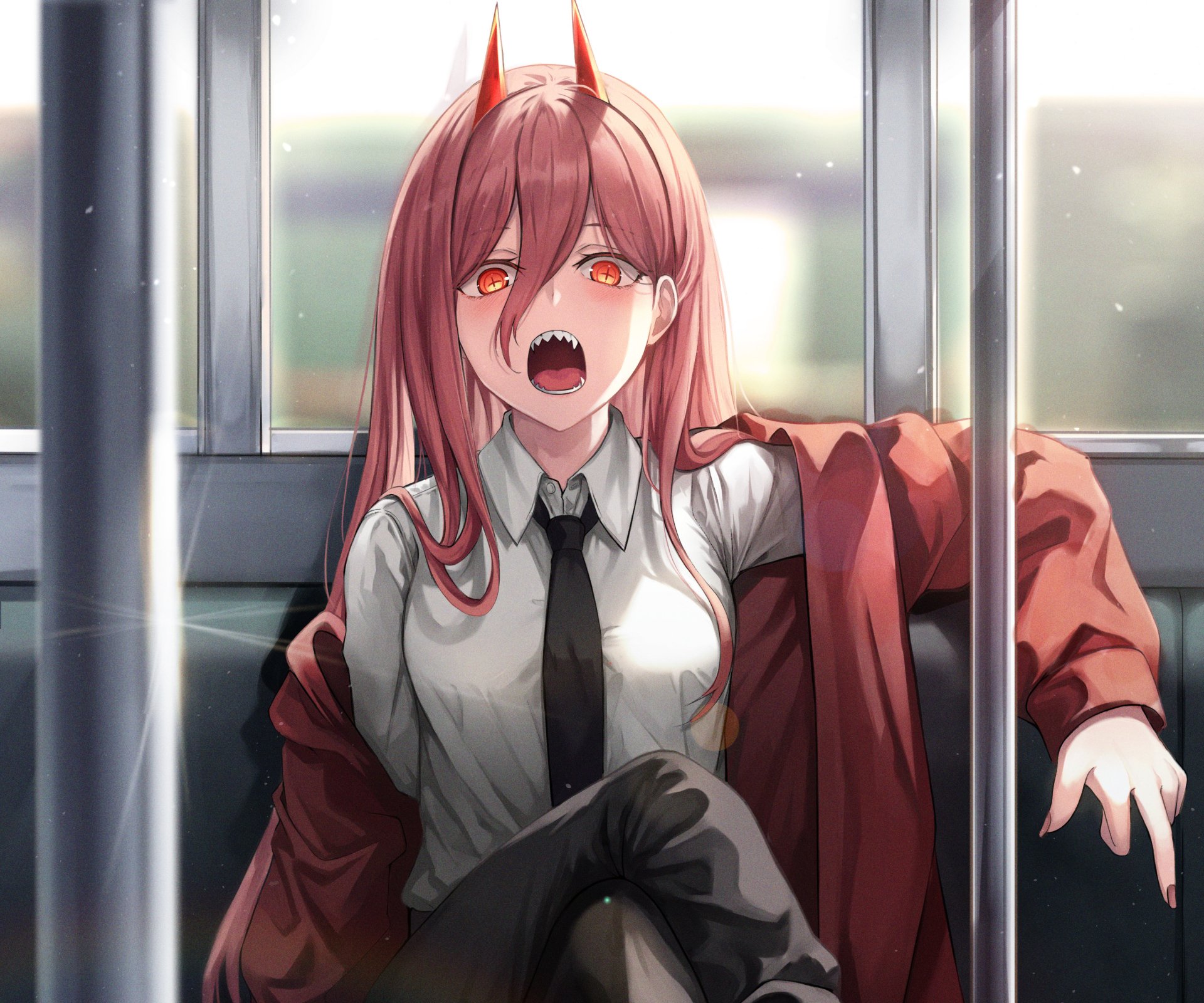 Anime Anime Girls Fangs Chainsaw Man Red Eyes Open Mouth Tie Legs Crossed Looking At Viewer Long Hai 1920x1600