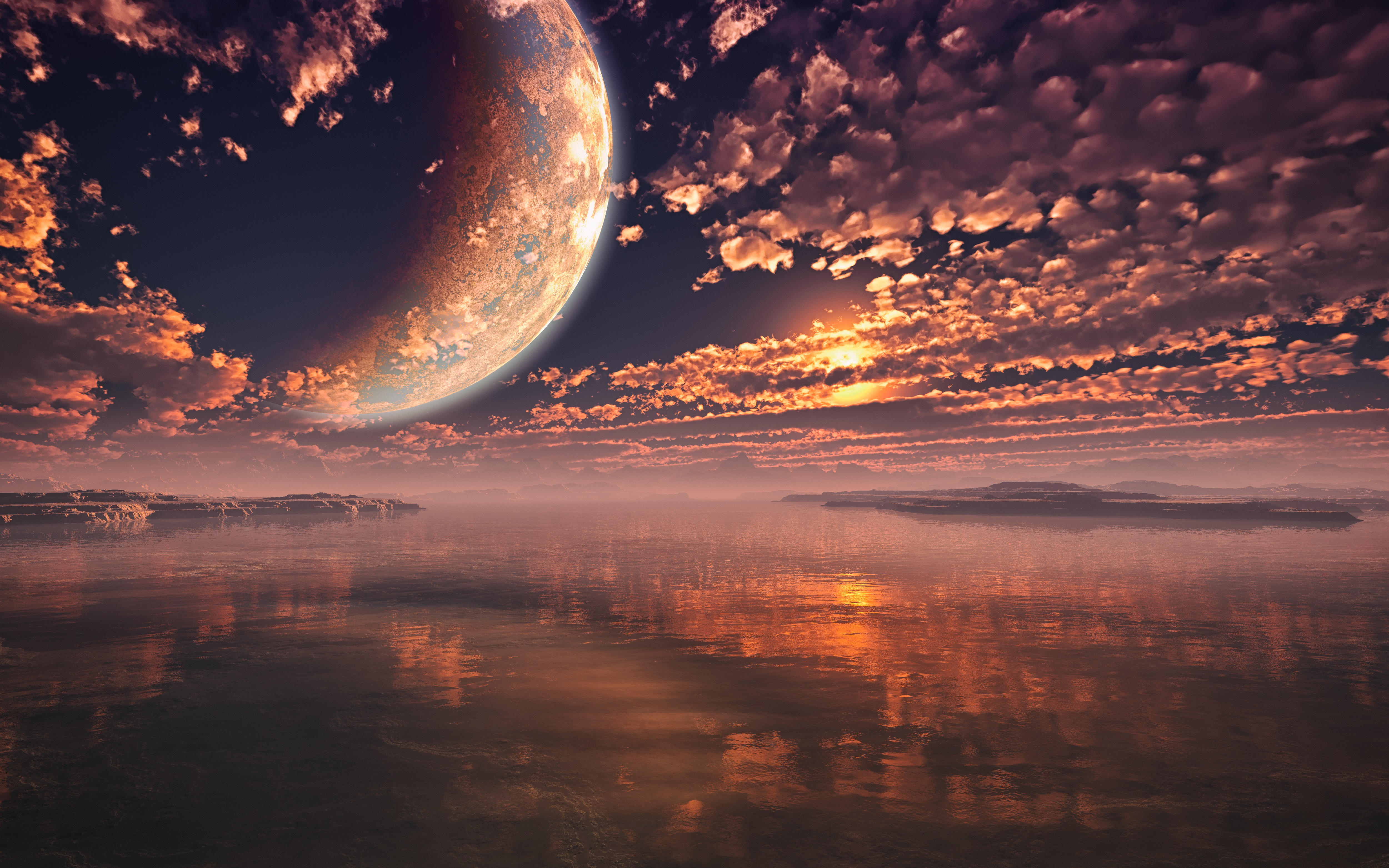 Moon Sea Water Render Reflection Clouds Sky Landscape Sunlight Sunset Lights Nature Planet Space 5000x3125