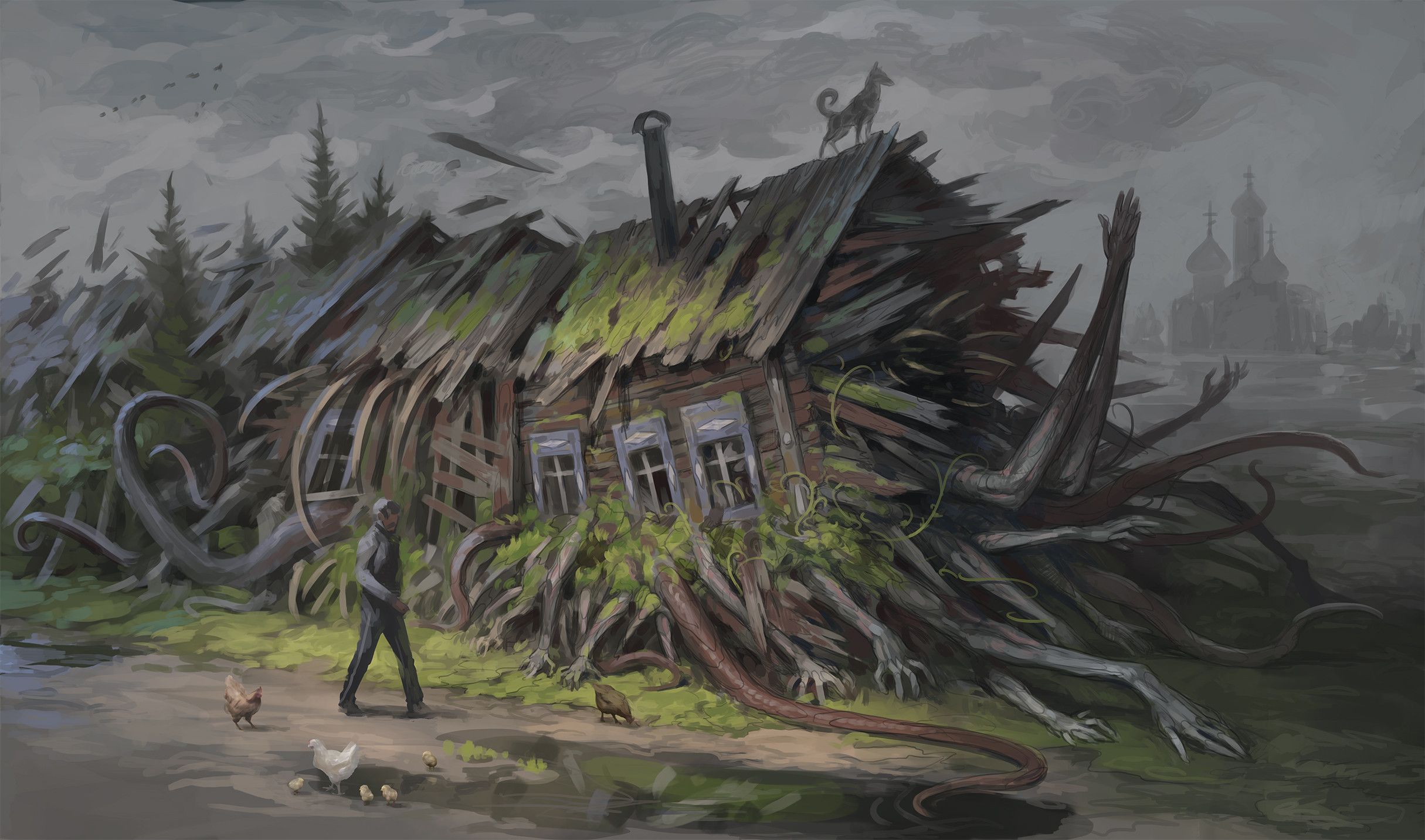 Digital Art Artwork Denis Zhbankov Creepy Fantasy Art Wooden Huts House Tentacles Church Hands Men 2430x1433