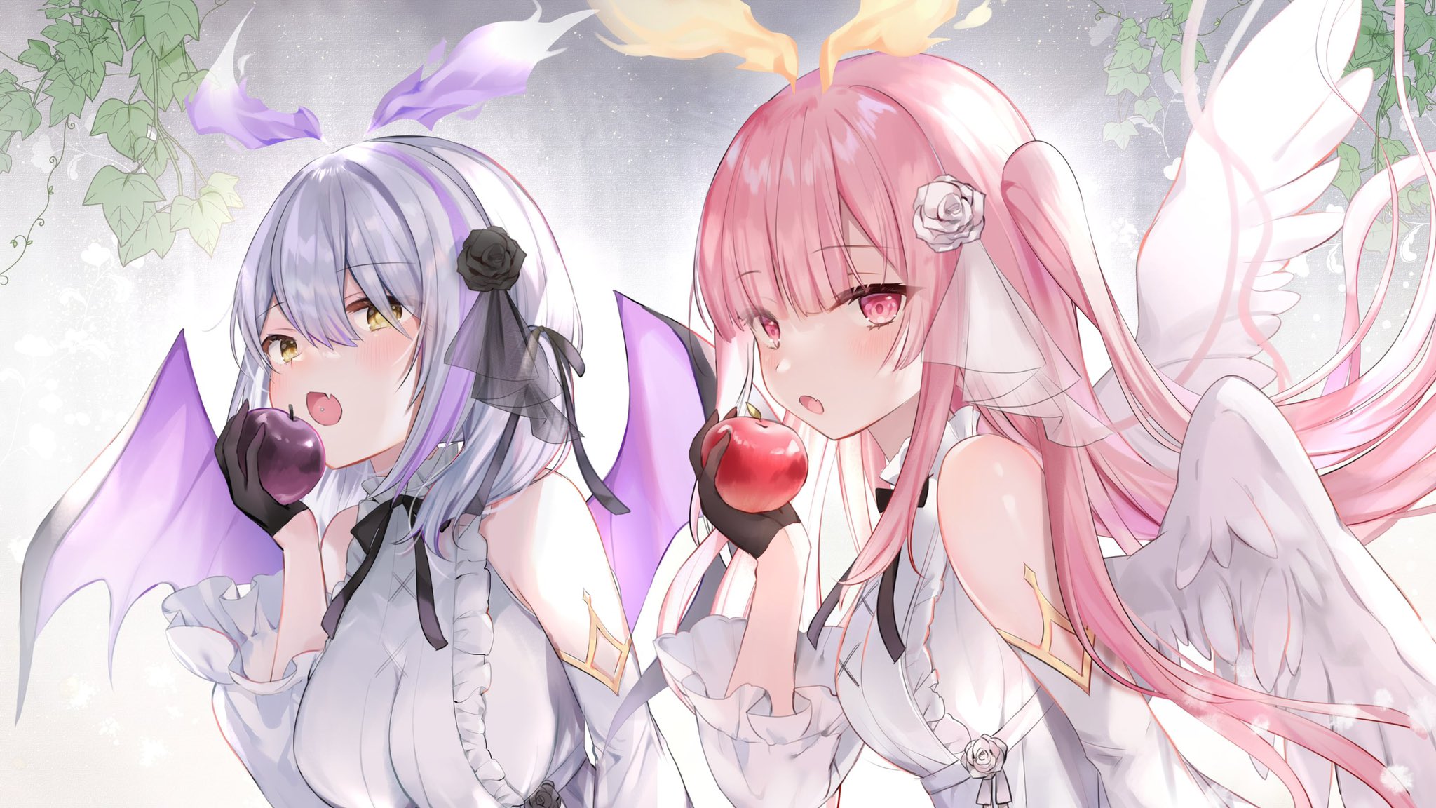 Anime Anime Girls Rucaco Artwork Angel Girl Silver Hair Pink Hair Wings Apples 2048x1152