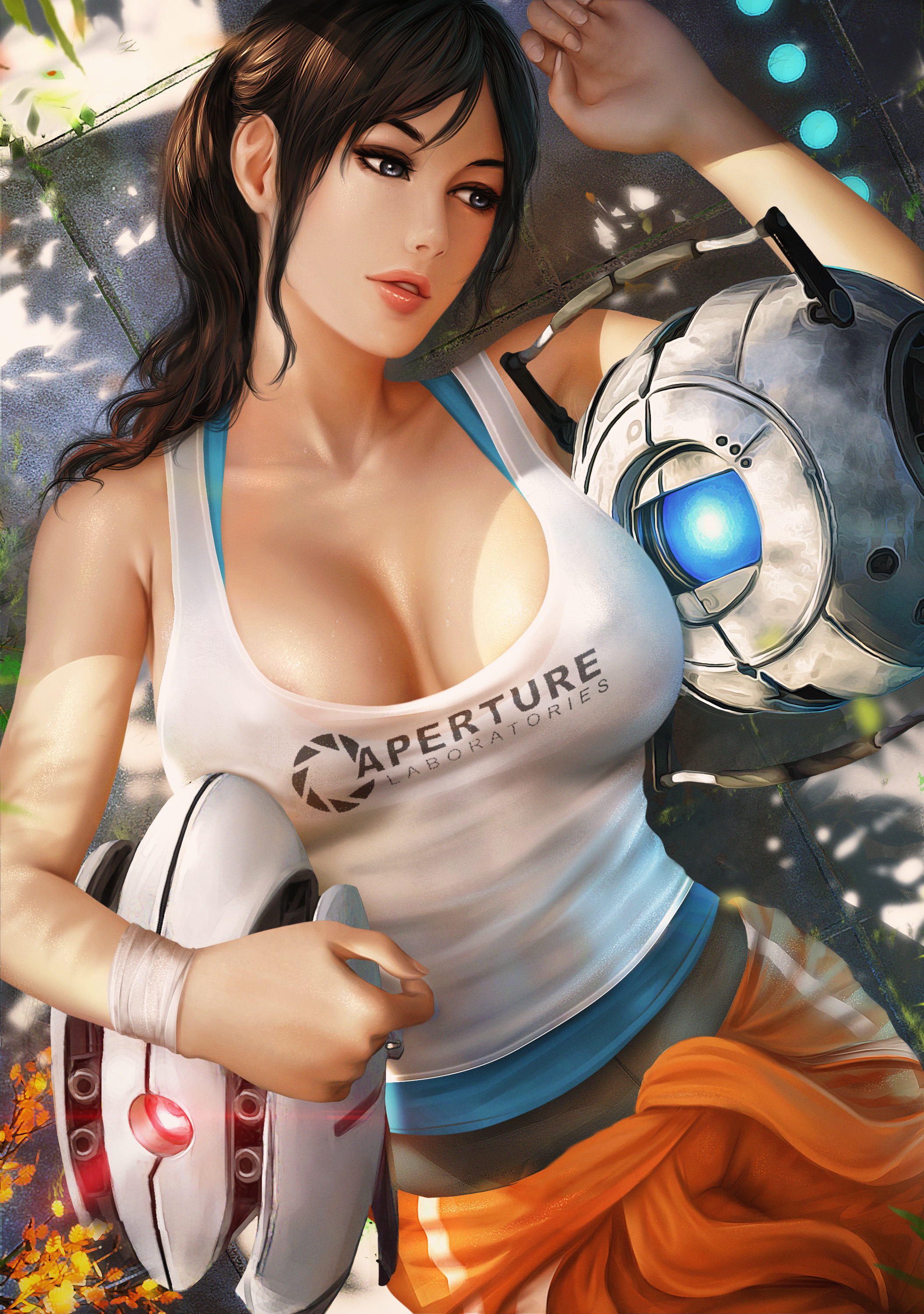 Chell Portal 2 Video Games Video Game Girls Robot White Tops Parted Lips Artwork Drawing Illustratio 2110x3000