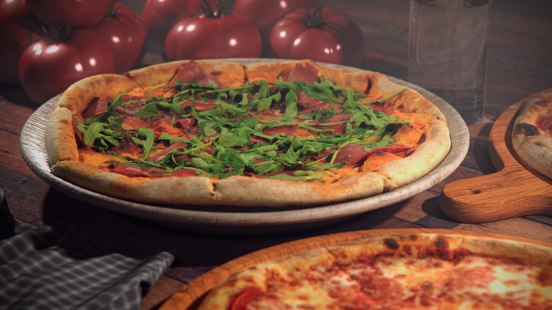 CGi Digital Art Render Rendering 3D Graphics Pizza Tomatoes Food Cutting Board 1920x1080