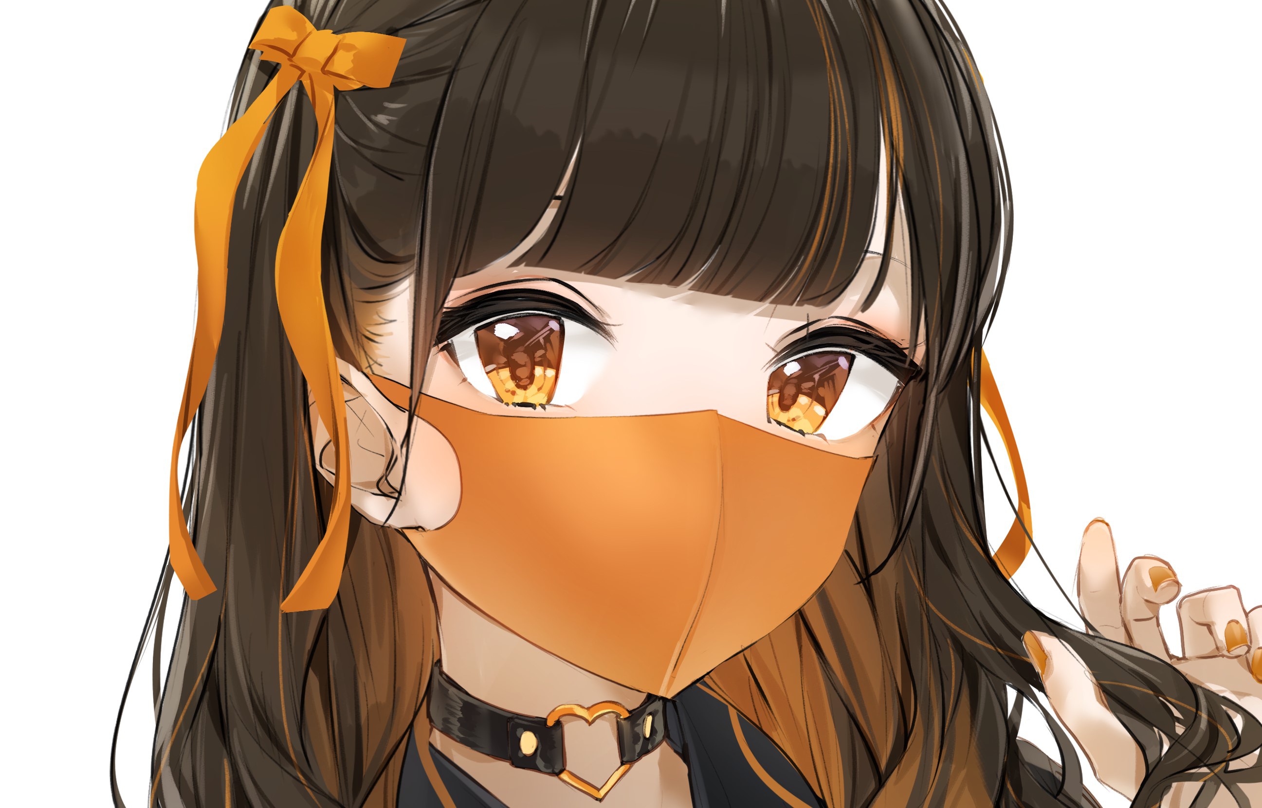 Anime Anime Girls Yellow Eyes Brunette Long Hair Eyes Mask Simple Background White Background Lookin 2593x1662