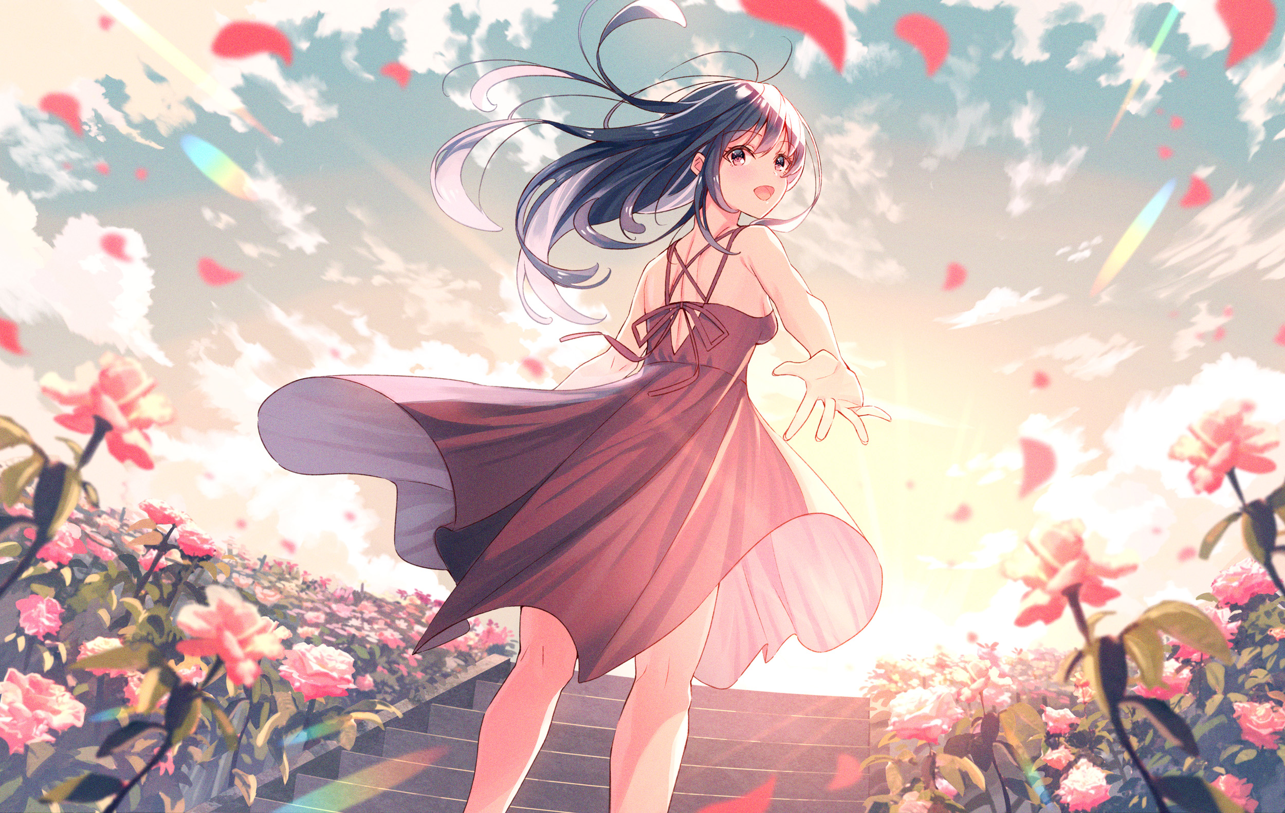 Anime Girls Dress Sun Flowers Smile Long Hair Windy Artwork Koh Rd Komizuki 2500x1582