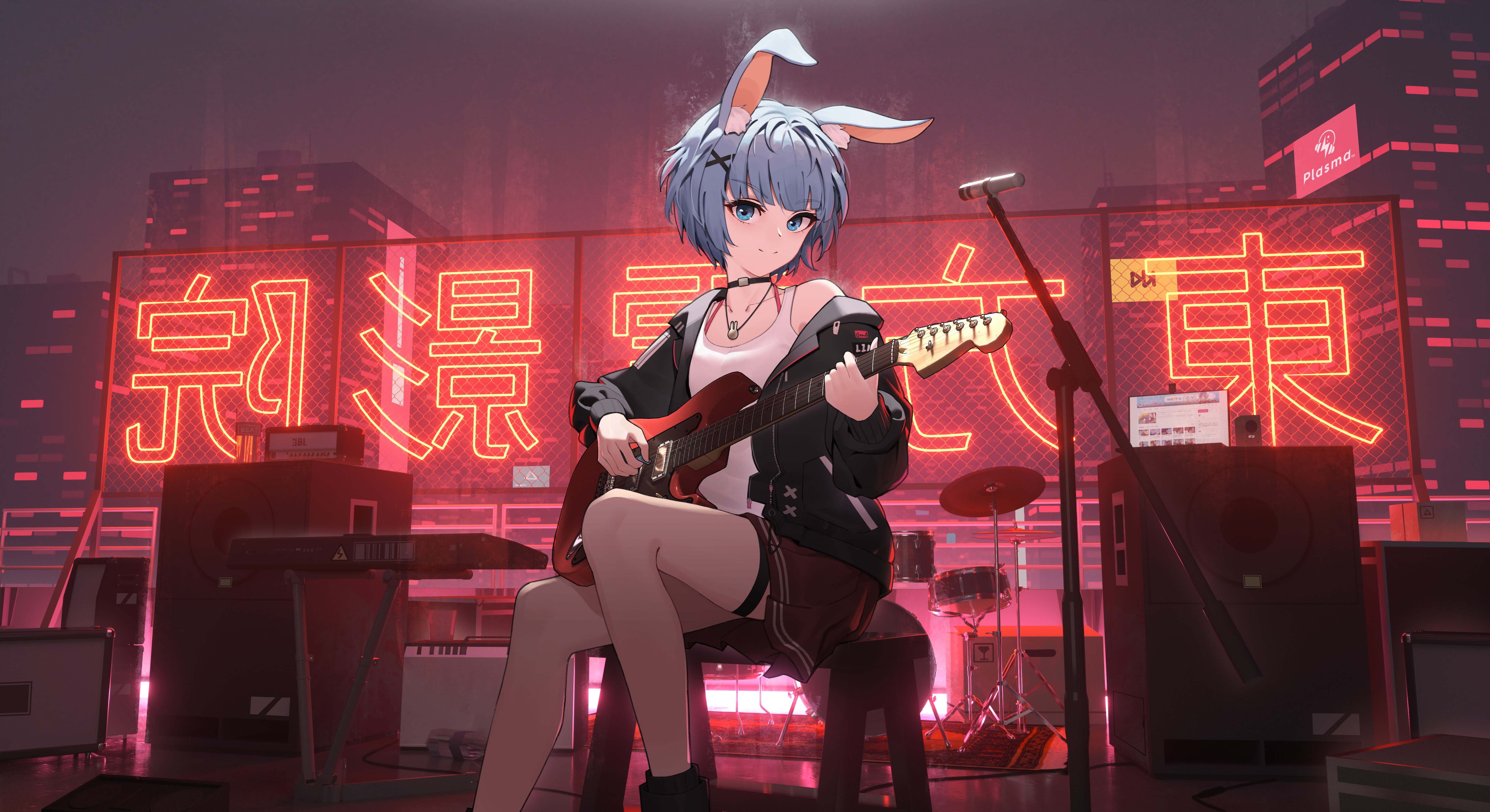 Anime Anime Girls Bunny Ears Blue Hair Blue Eyes Guitar City Lights Neon Lights Necklace Barrette La 5861x3195