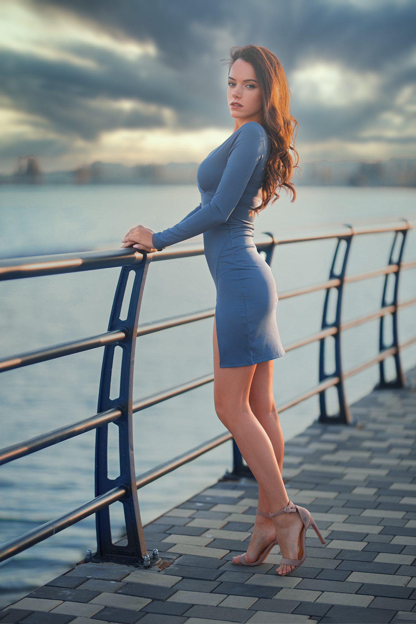 Dmitry Shulgin Women Brunette Long Hair Wavy Hair Dress Blue Clothing Shoes High Heels Fence Water O 1365x2048