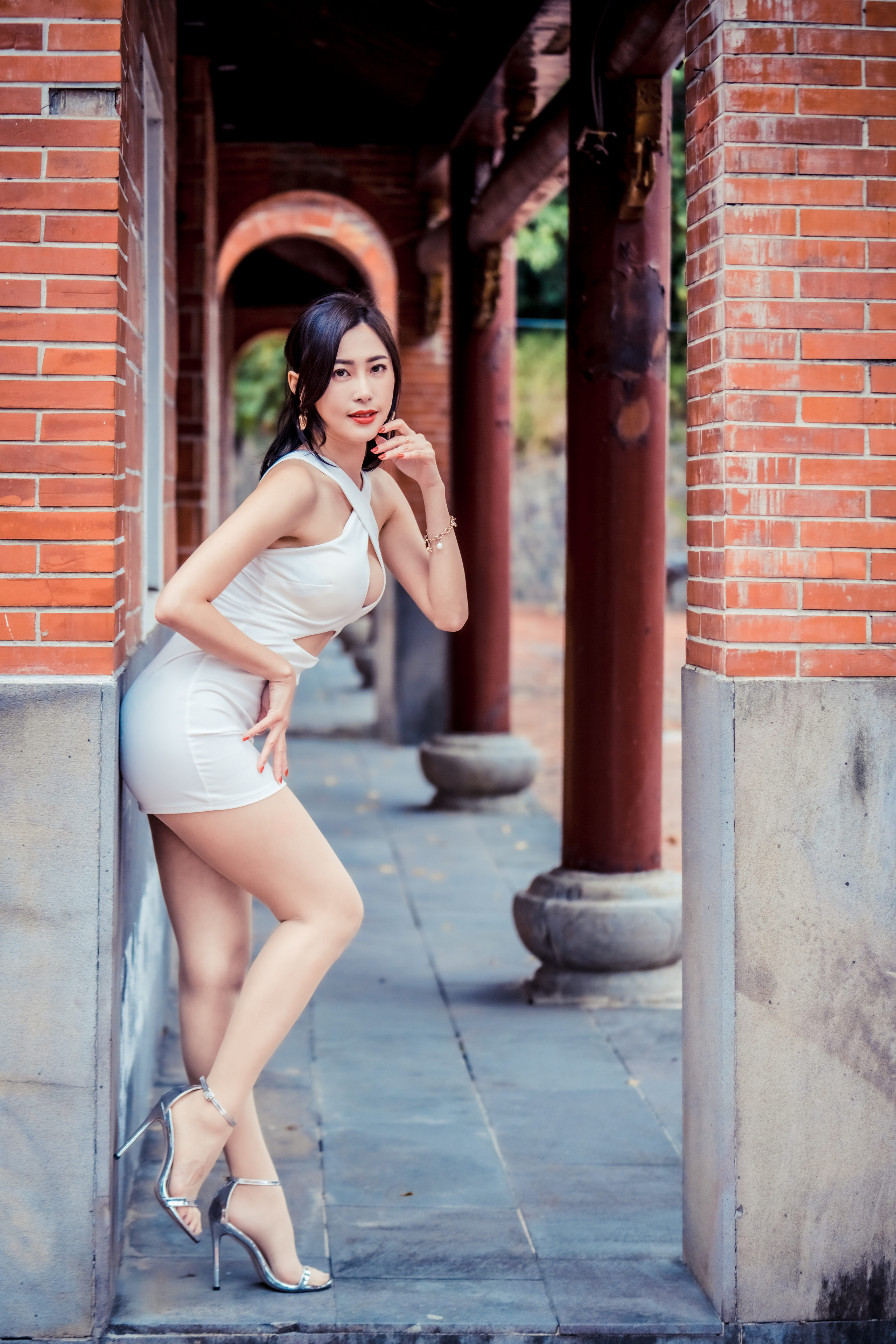 Asian Model Women Dark Hair Long Hair Depth Of Field Bricks Column White Dress Barefoot Sandal Heels 2560x3840