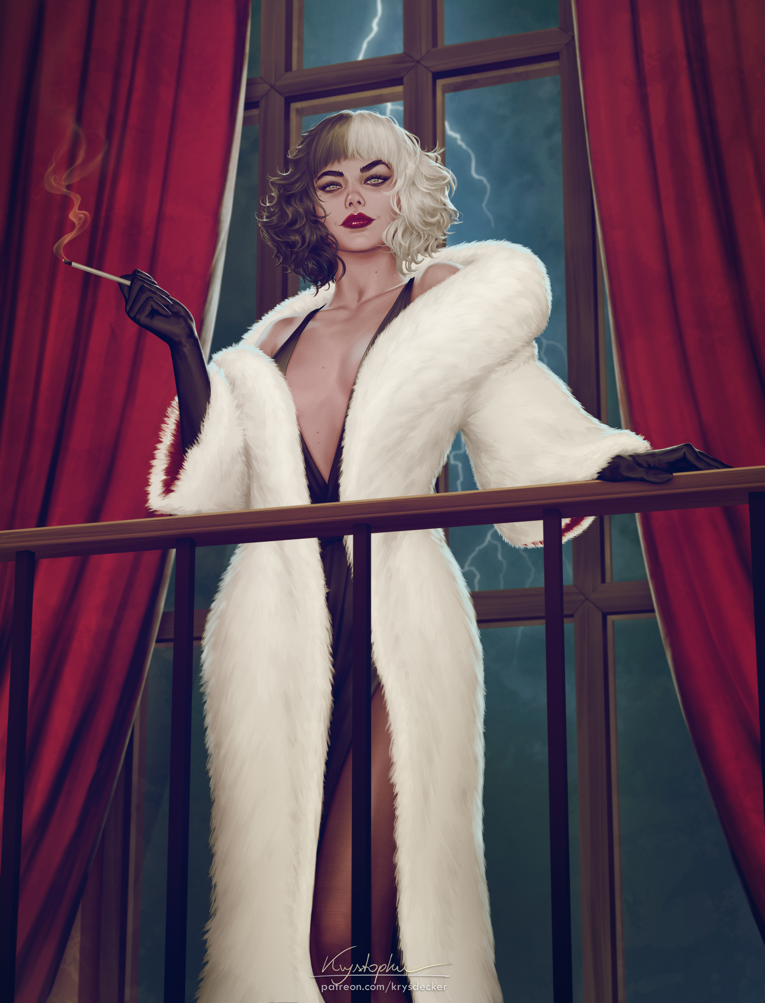 Cruella De Vil Cruella Dress Elbow Gloves Coats Glamour Balcony Cigarettes Artwork Drawing Fan Art K 3085x4047