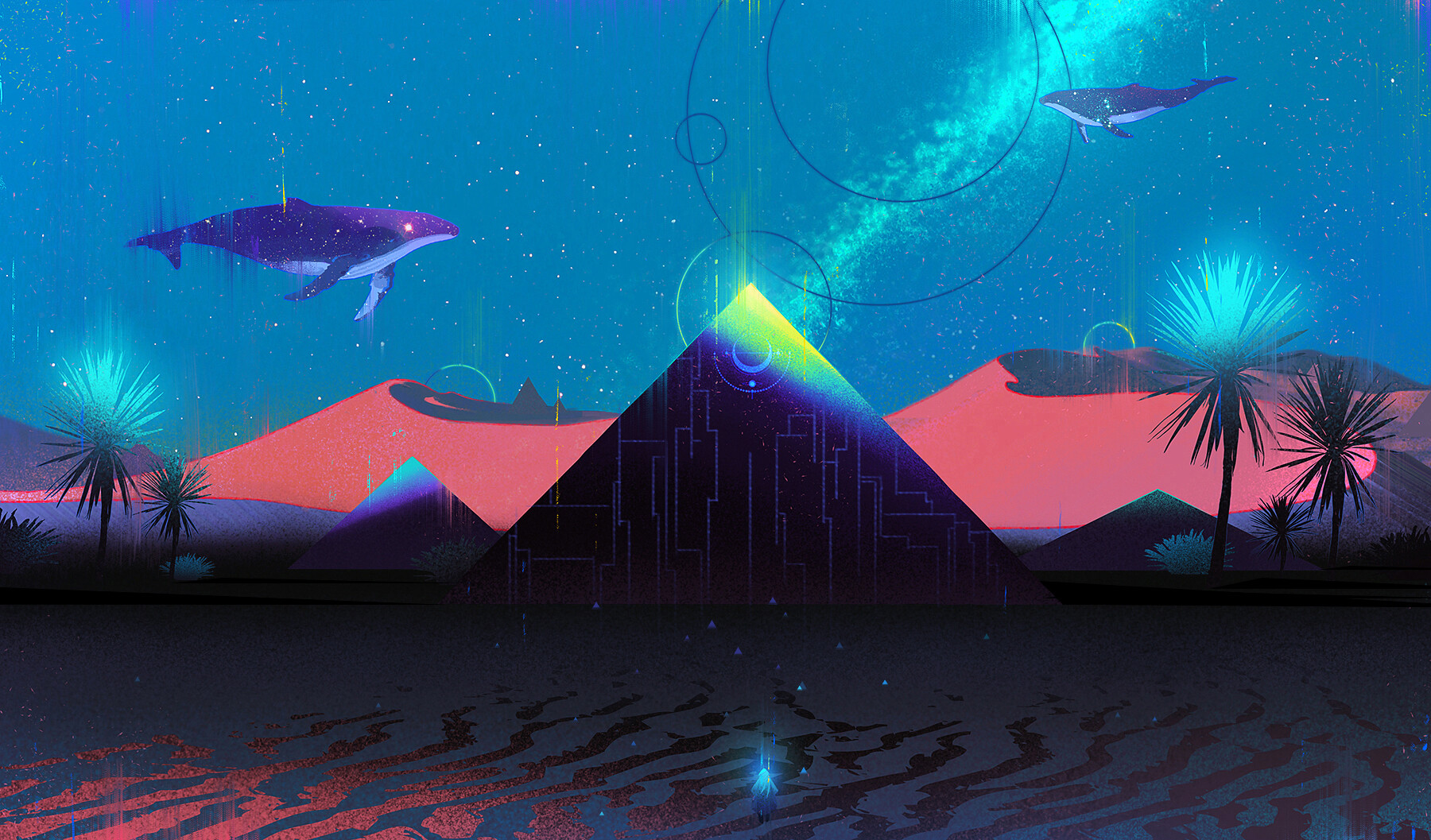Jun Dong Li Digital Art Fantasy Art Pyramid Whale Desert Surreal 1800x1057