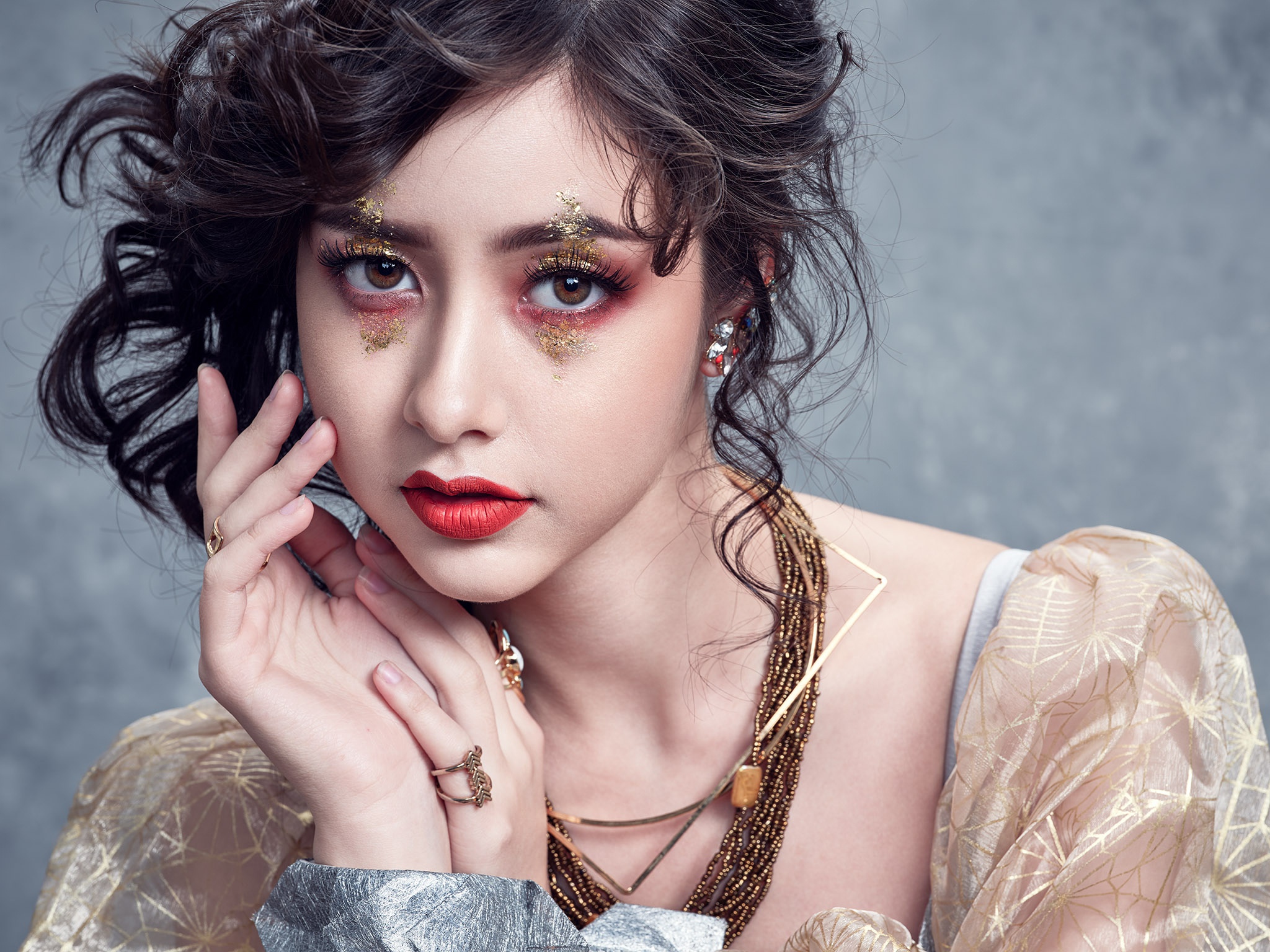 Asian Black Hair Brown Eyes Face Girl Lipstick Model Woman 2048x1536