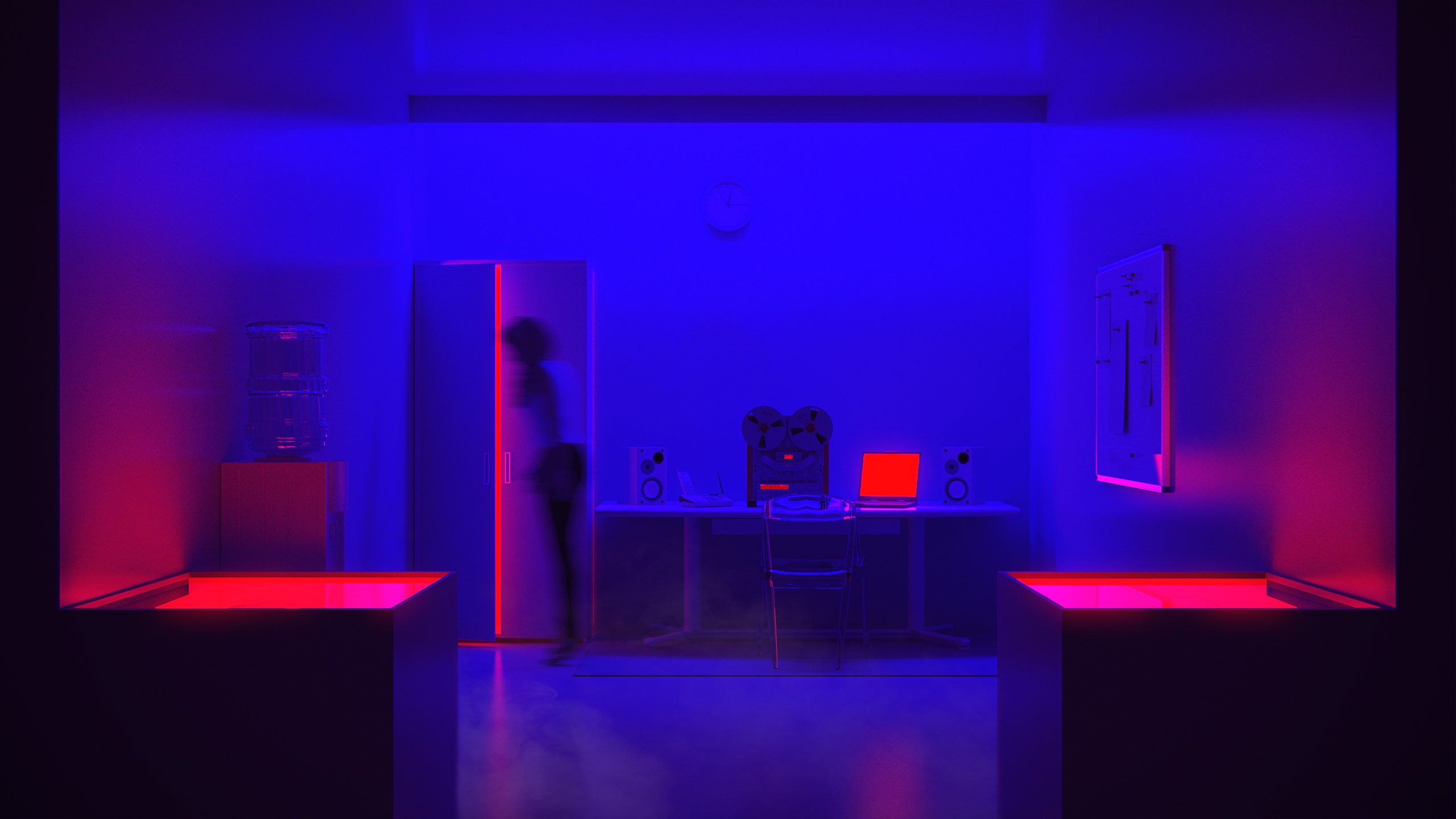 Neon Neon Lights CGi Digital Art Render Red Blue Office Abstract 2560x1440