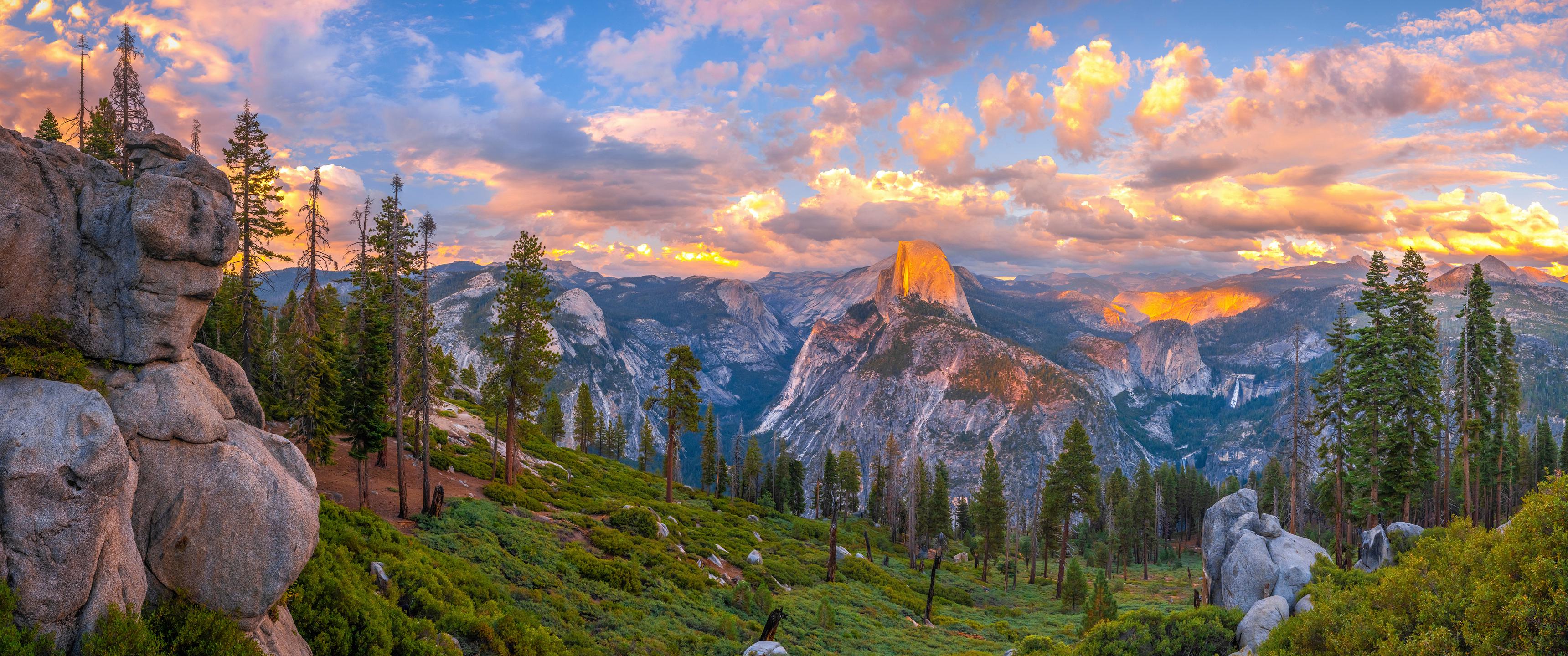 Yosemite National Park Half Dome Nature Forest National Park Sunset Glow 3440x1440