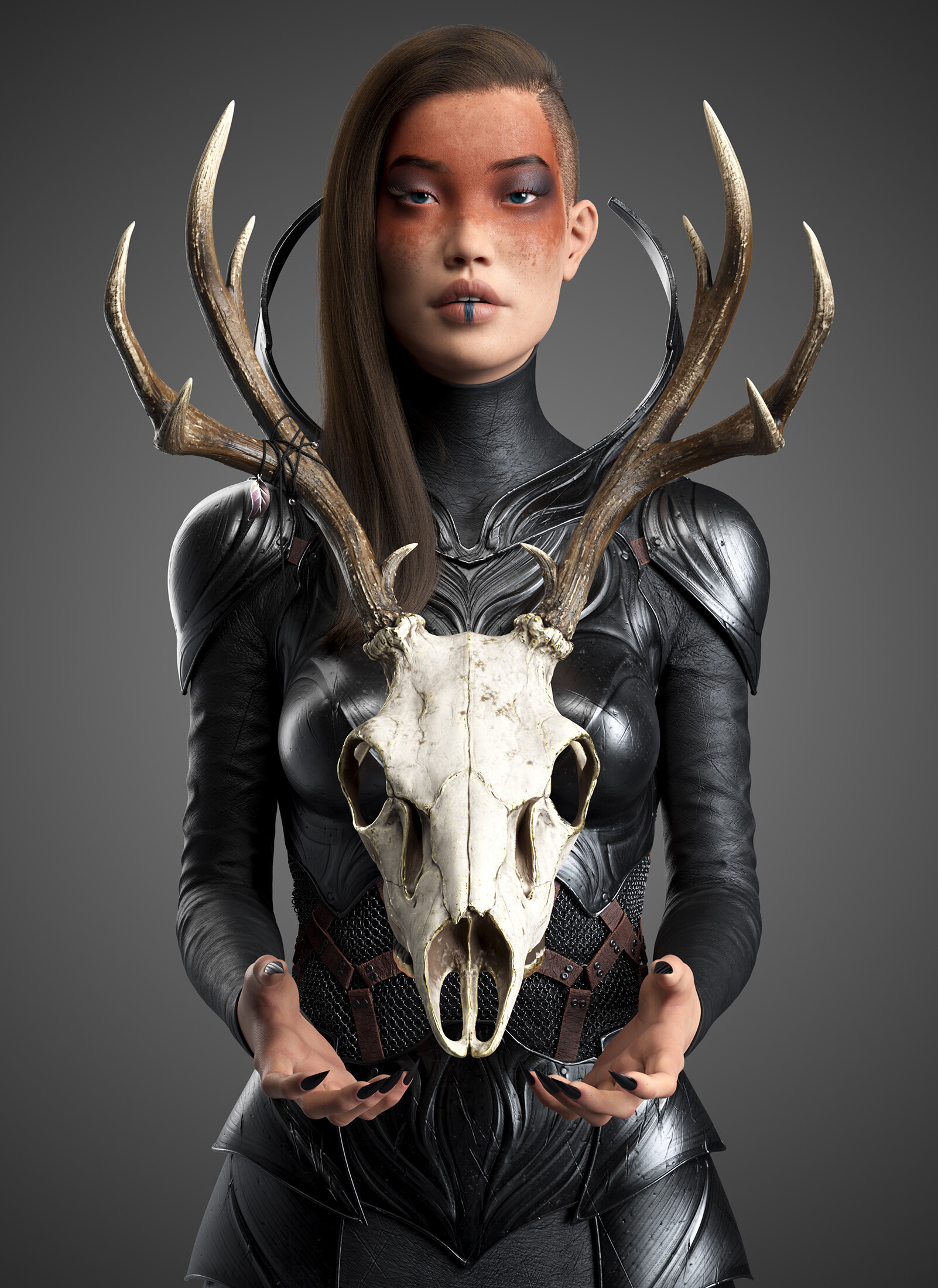 Rajbir Dhalla Digital Art Artwork Women Fantasy Art Fantasy Girl Skull Simple Background Gray Backgr 1602x2200