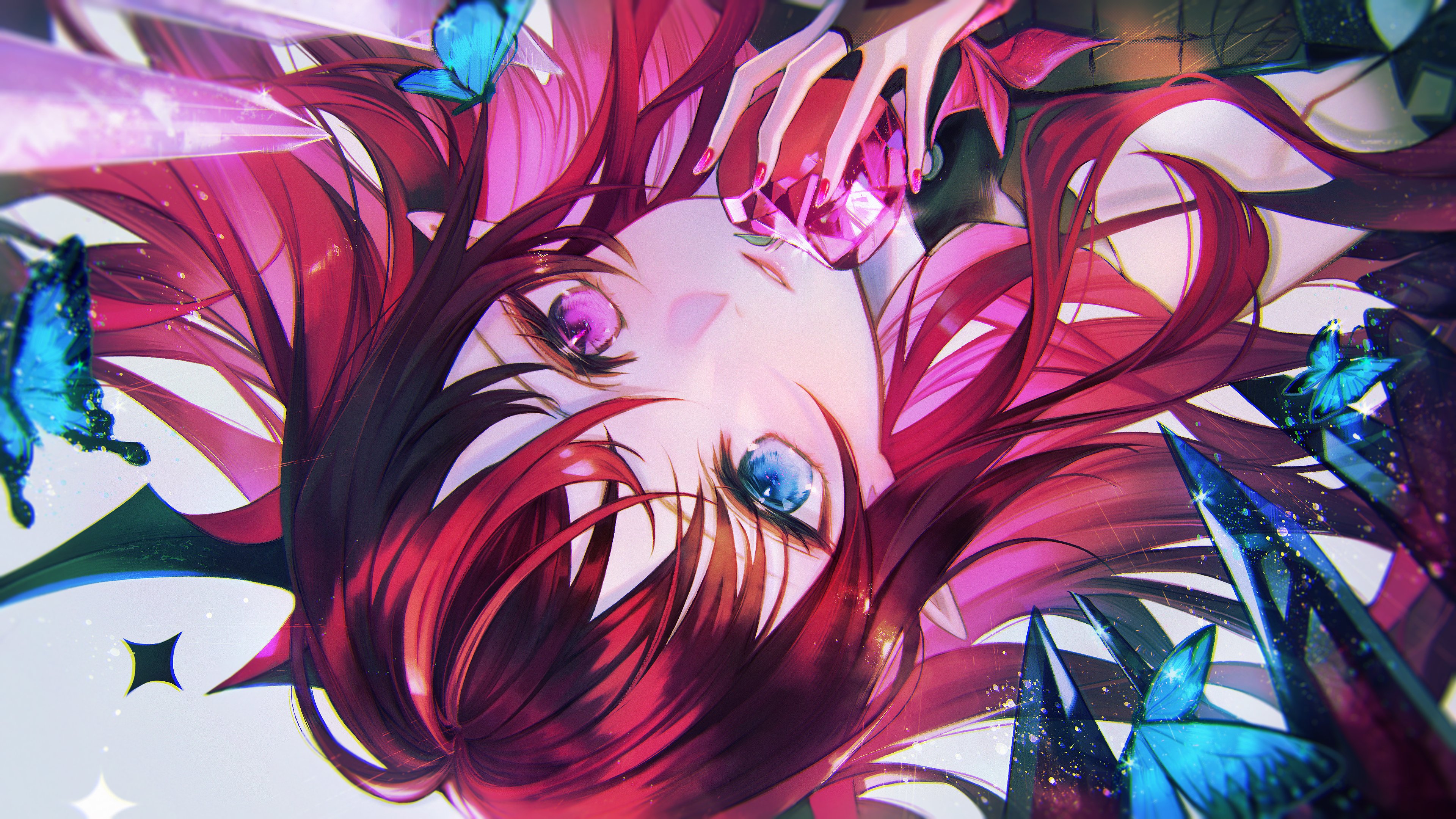 Anime Anime Girls Apples Butterflies Heterochromia Redhead Crystal Red Nails Long Nails Long Hair Lo 3840x2160