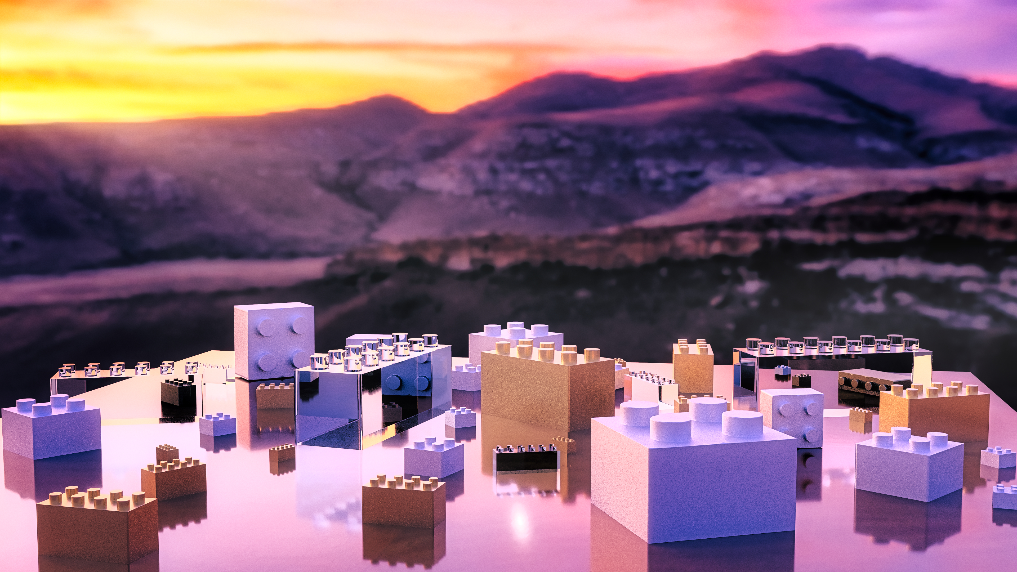 LEGO Sunset Digital Render CGi 3dsmax Hills Mountains Cube 3840x2160