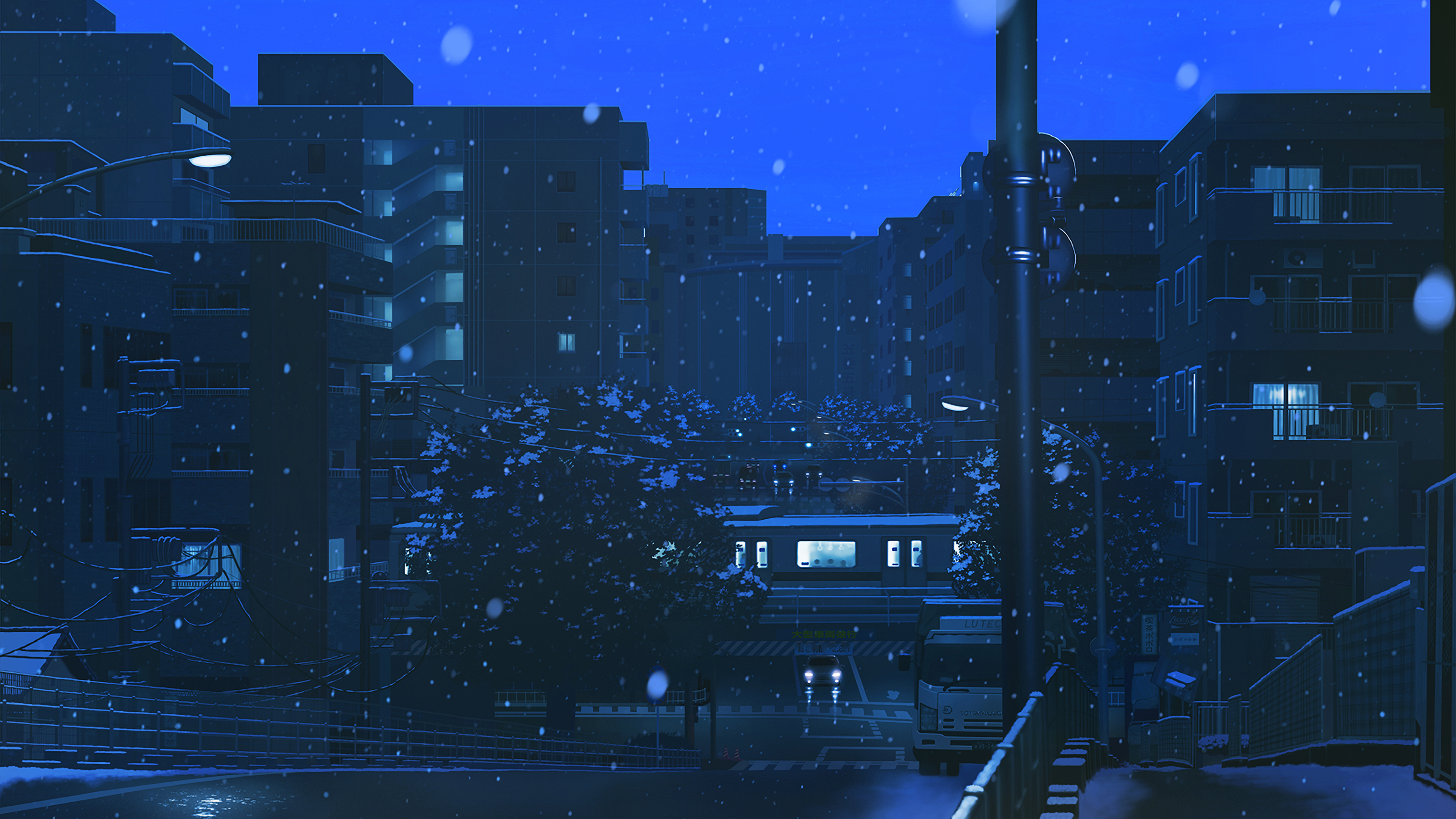 Blue Night Dusk Headlights Apartments Street Light Snowing Sidewalks Power Lines Trees City Train Br 3840x2160