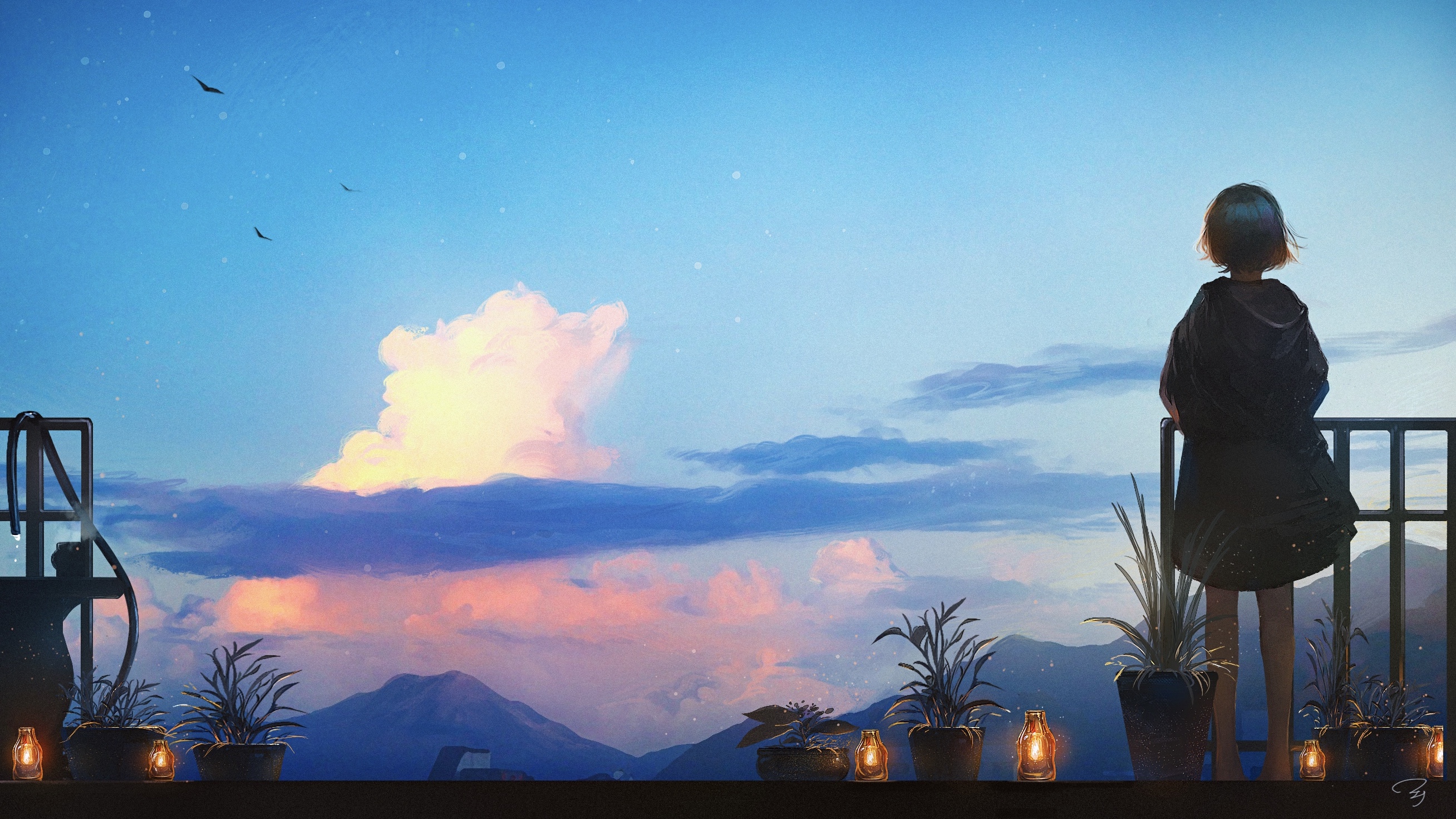 Anime Anime Girls Clouds Mountains Lantern Flowerpot Short Hair Sky Dress Fence Sunset Hose Birds 2616x1471