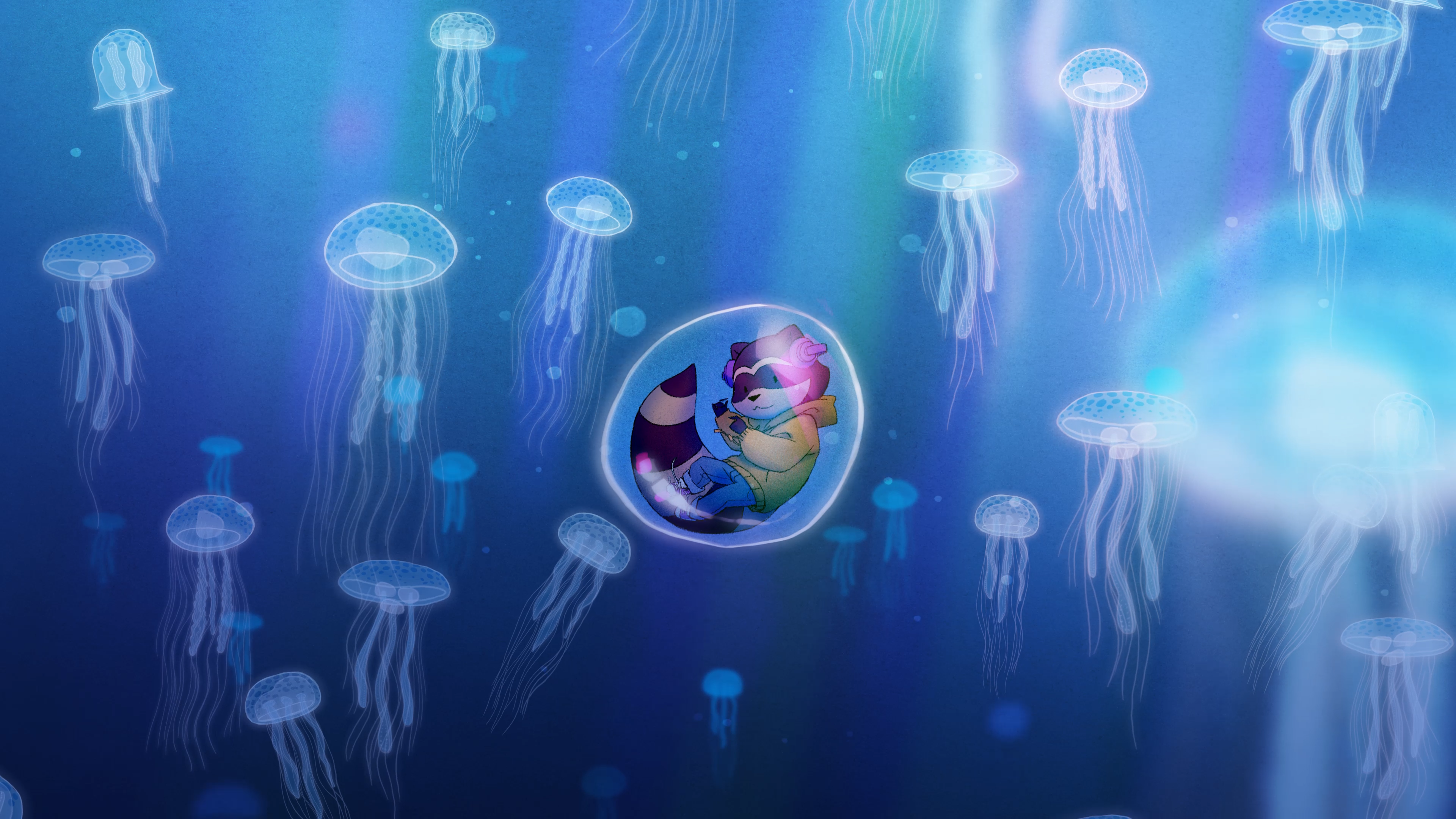 Raccoons Underwater Jellyfish Bubble Jeoffrey Magellan Tevy Dubray Anthro Floating 3840x2160