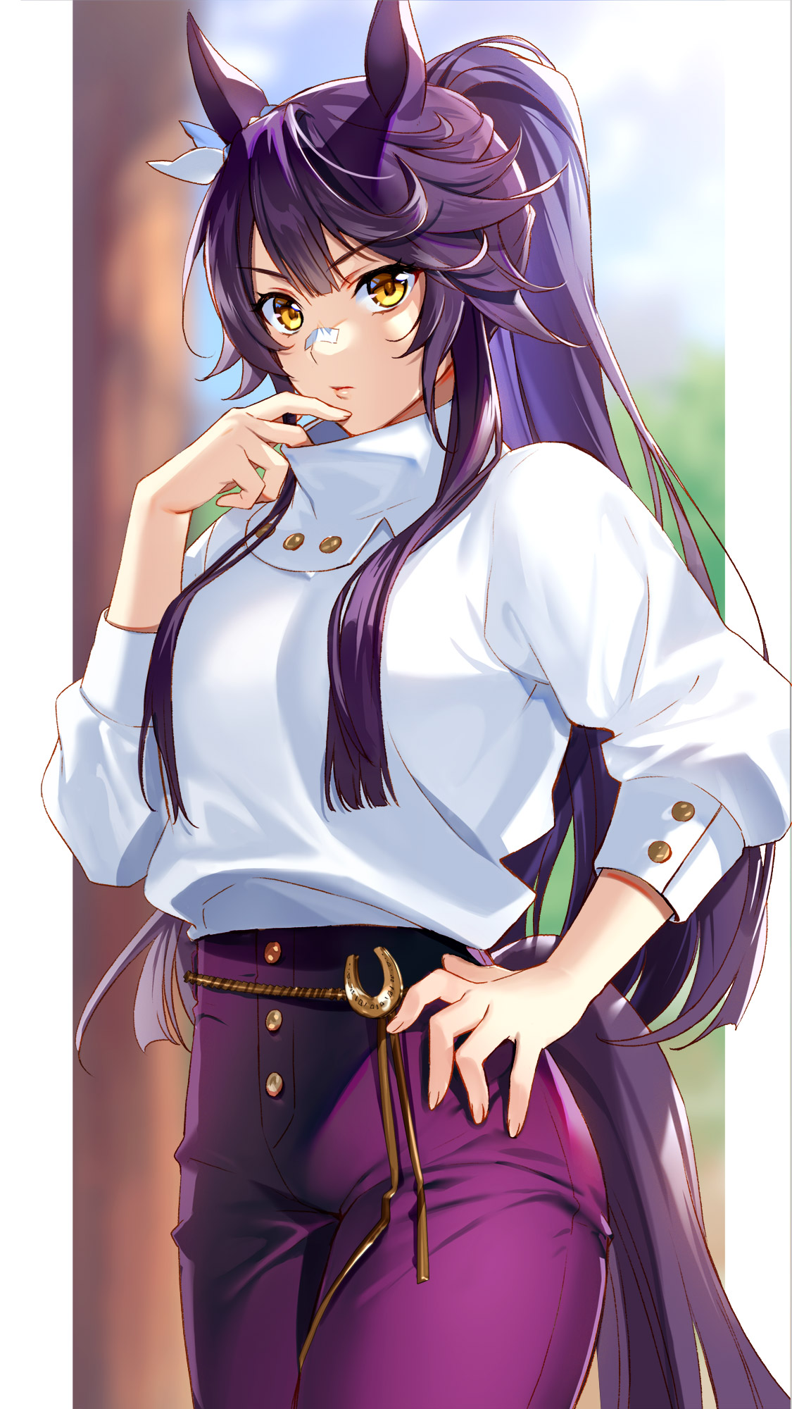 Uma Musume Pretty Derby Ponytail Band Aid White Sweater Bangs Yellow Eyes Standing Tail Long Hair Ca 1125x2000