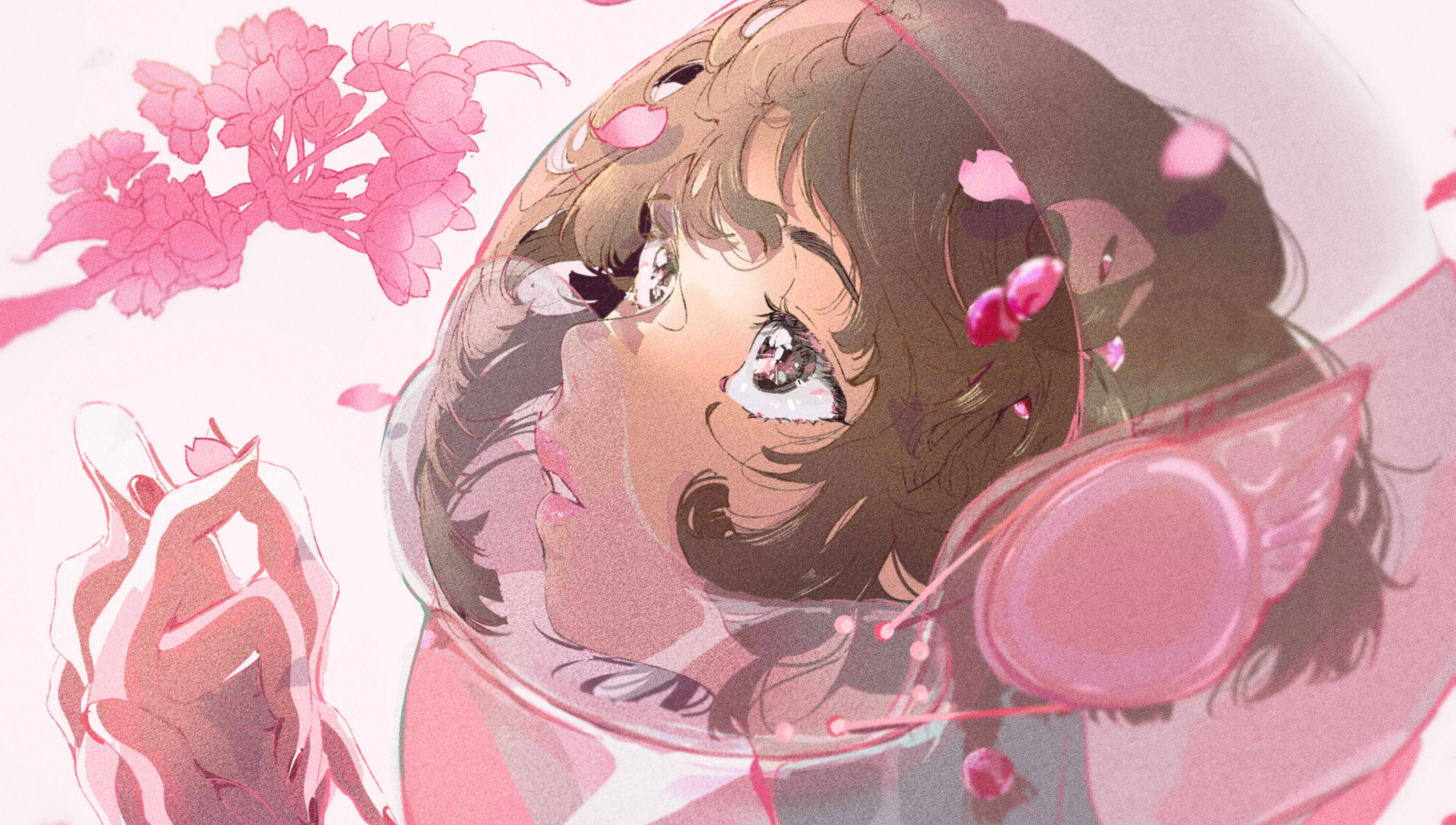 Anime Anime Girls Brunette Space Suit Hands Long Nails Looking Away Short Hair Bangs Pink Flowers Ch 3000x1700