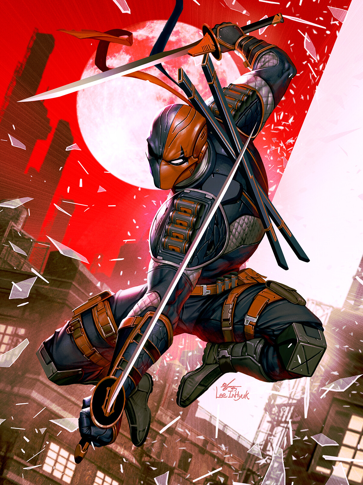 Assassins Concept Art Flying Sword Ninjas DC Comics Deathstroke Portrait Display Shattered Glass Fan 1200x1600