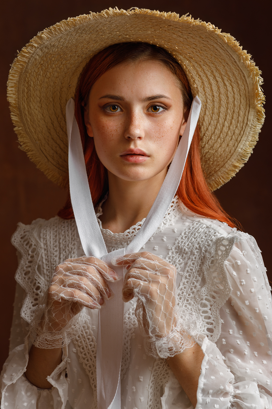 Sergey Sergeev Women Hat Straw Hat Redhead Brown Eyes Looking At Viewer Freckles White Clothing Glov 1080x1620