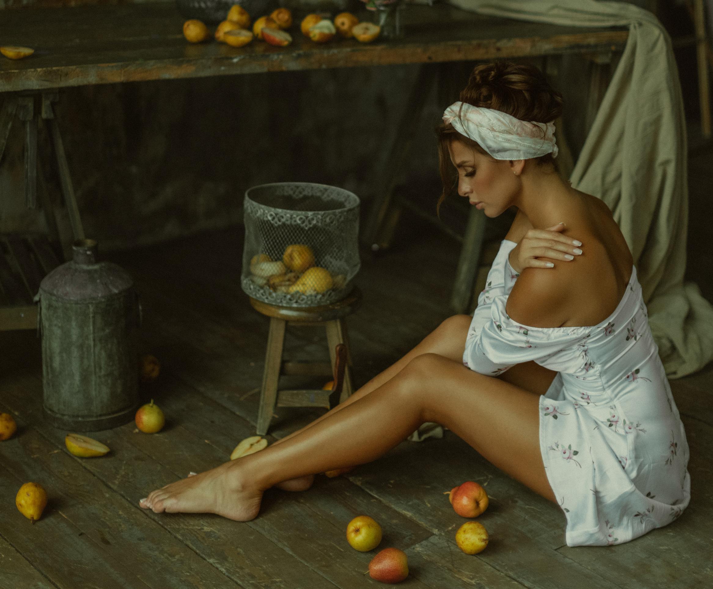 Valeriya Mytnik Women Brunette Hair Accessories Dress Bare Shoulders White Clothing Legs Barefoot Fr 2333x1927