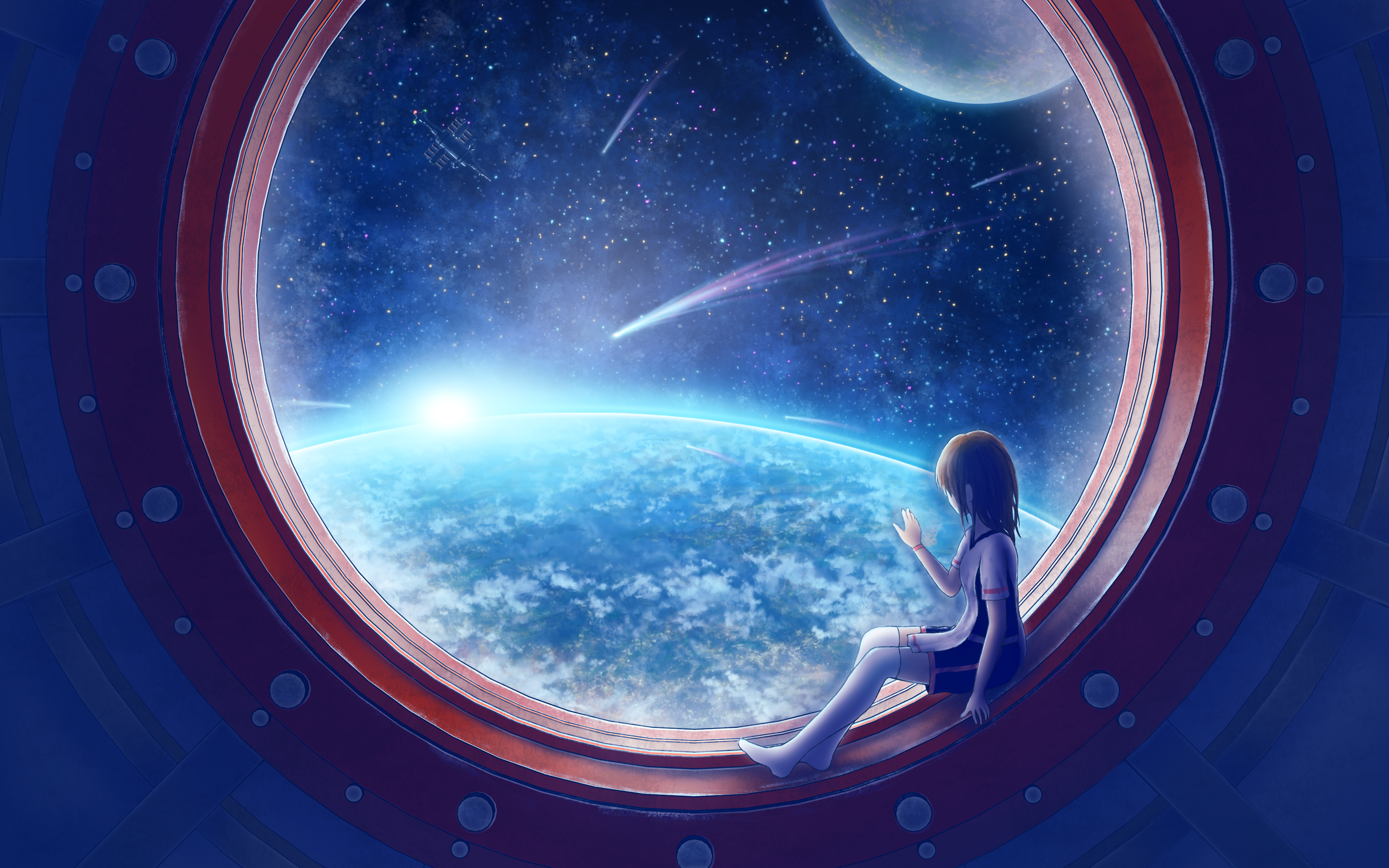 Anime Anime Girls Space Spaceship Earth Moon Window Stars 3600x2250