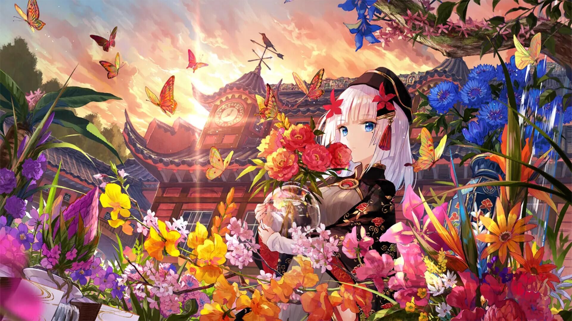 Anime Girls Butterfly Flowers Garden Sky Artwork Fuji Choko White Hair Blue Eyes 1920x1080