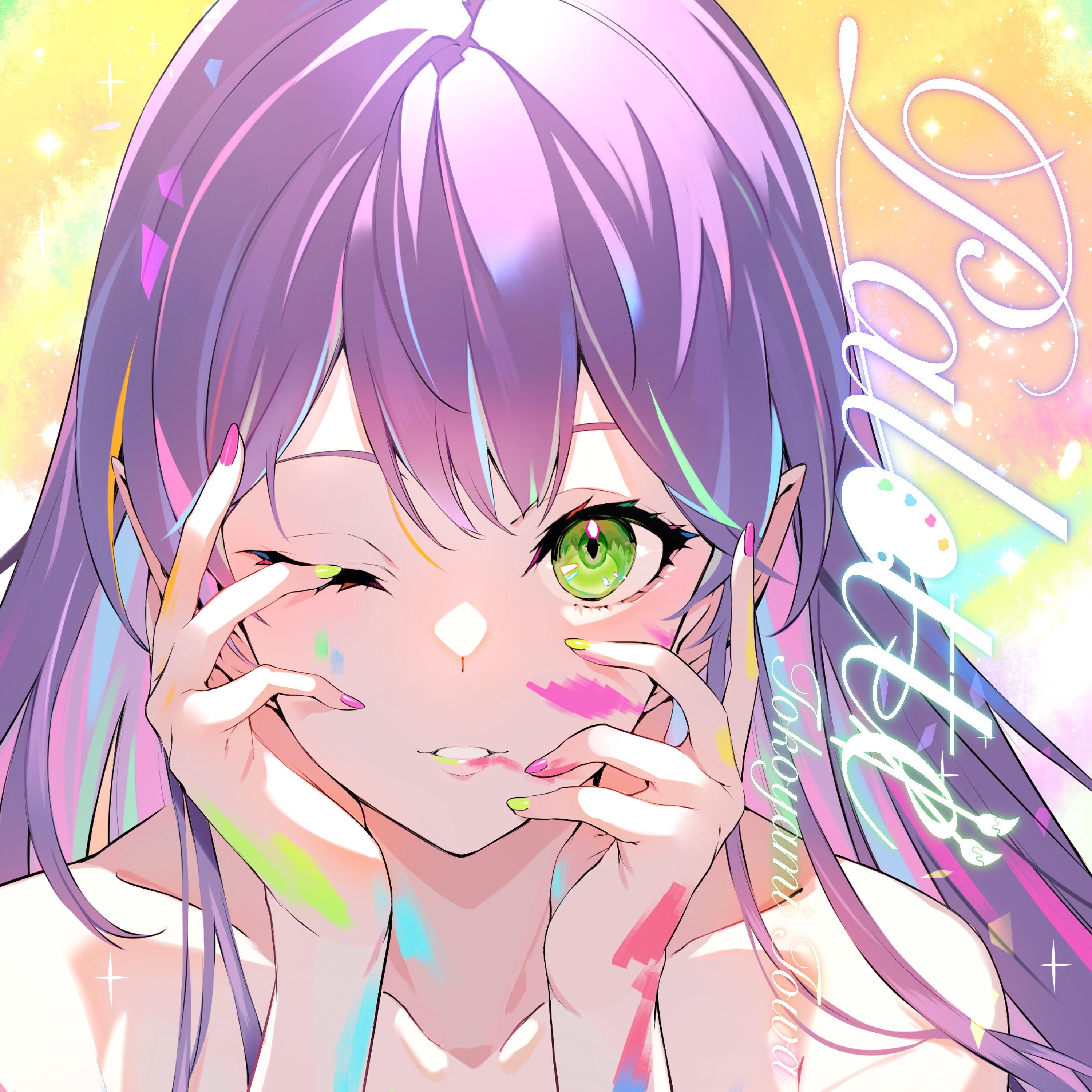Anime Girls Hololive Tokoyami Towa Purple Hair Kakage Green Eyes Virtual Youtuber One Eye Closed Bar 3000x3000