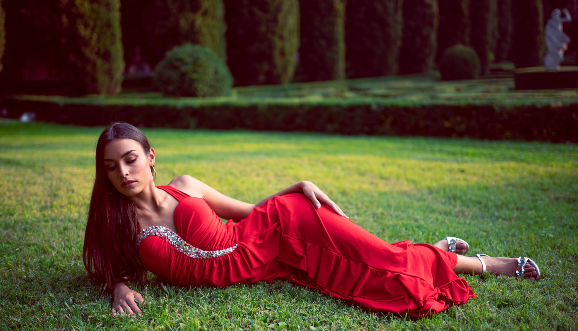 Women Model Women Outdoors Brunette Lying On Side Red Dress Dress Red Clothing Grass On The Ground O 1974x1132