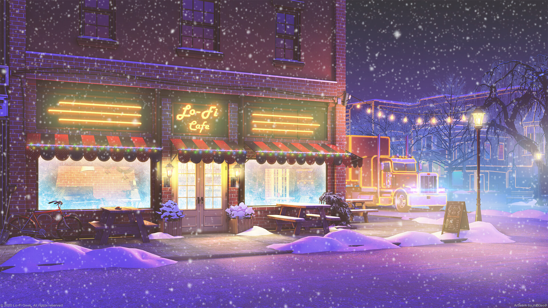 Bogdan MB0sco Digital Art Snow Snowing Truck Cafe Winter Night 1920x1080