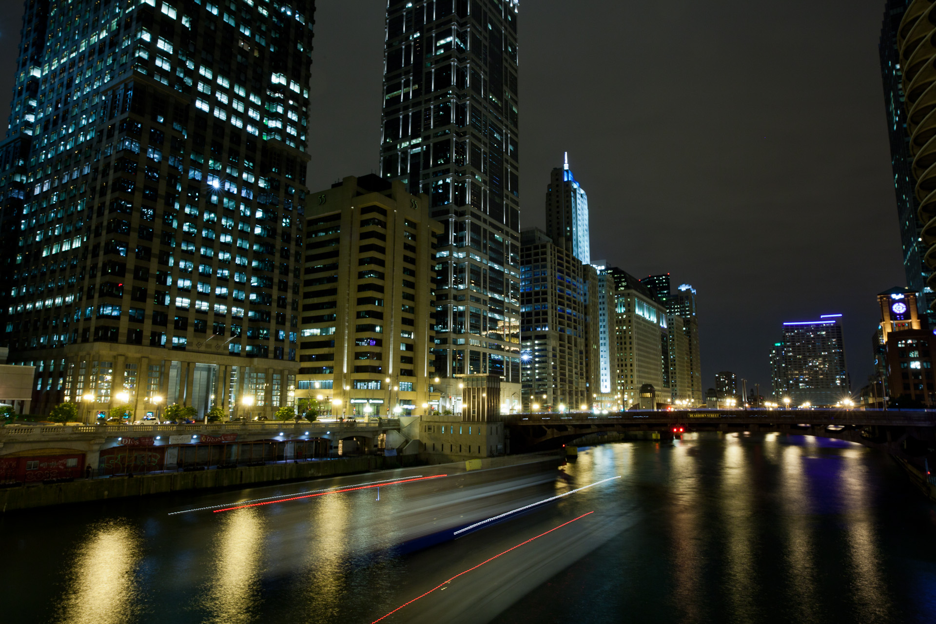 City City Lights Long Exposure Water Chicago Illinois USA Night 1920x1280