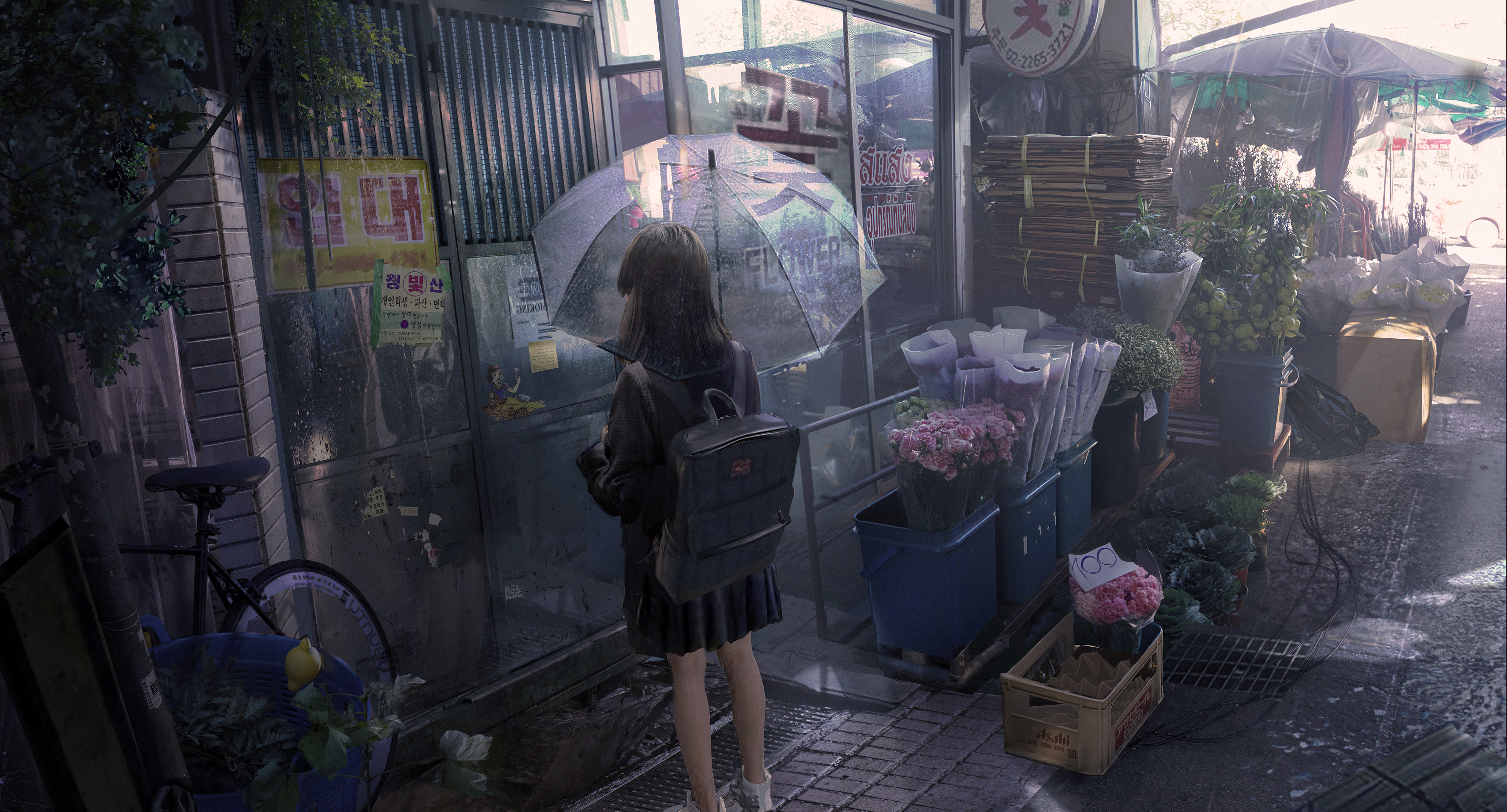 Artwork Rain Flower Shop Umbrella Backpacks Anime Girls School Uniform 4006x2160