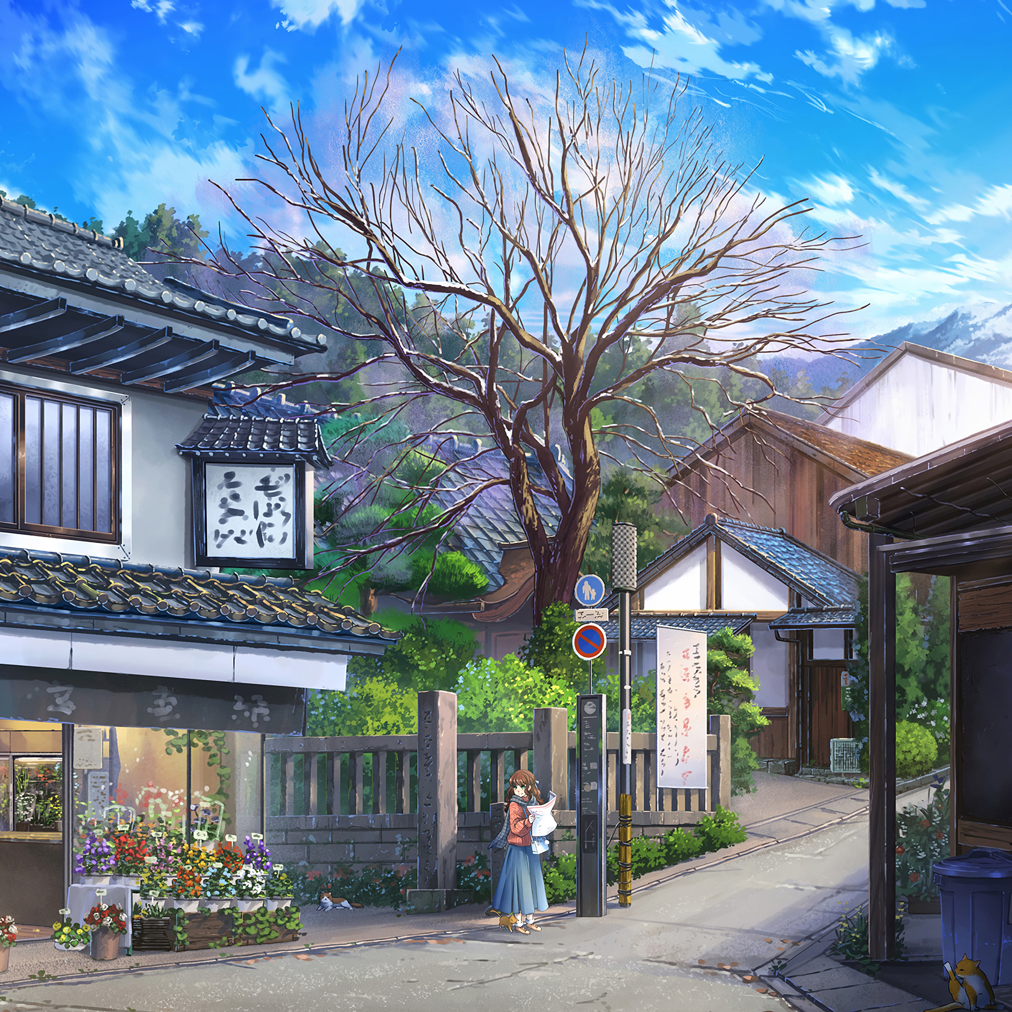 Anime Anime Girls Sign Urban Asia House Trees 2048x2048