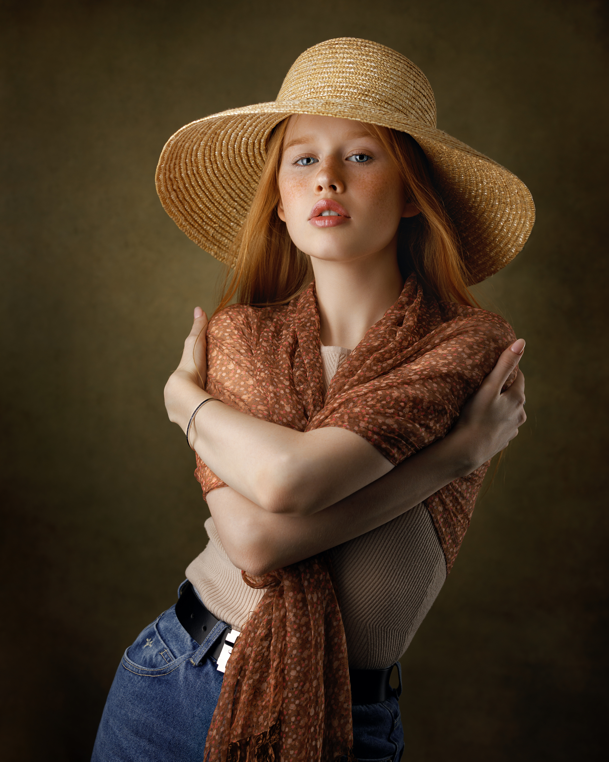 Sergey Anisimov Women Hat Redhead Freckles Makeup Blouse Denim Simple Background 2000x2500