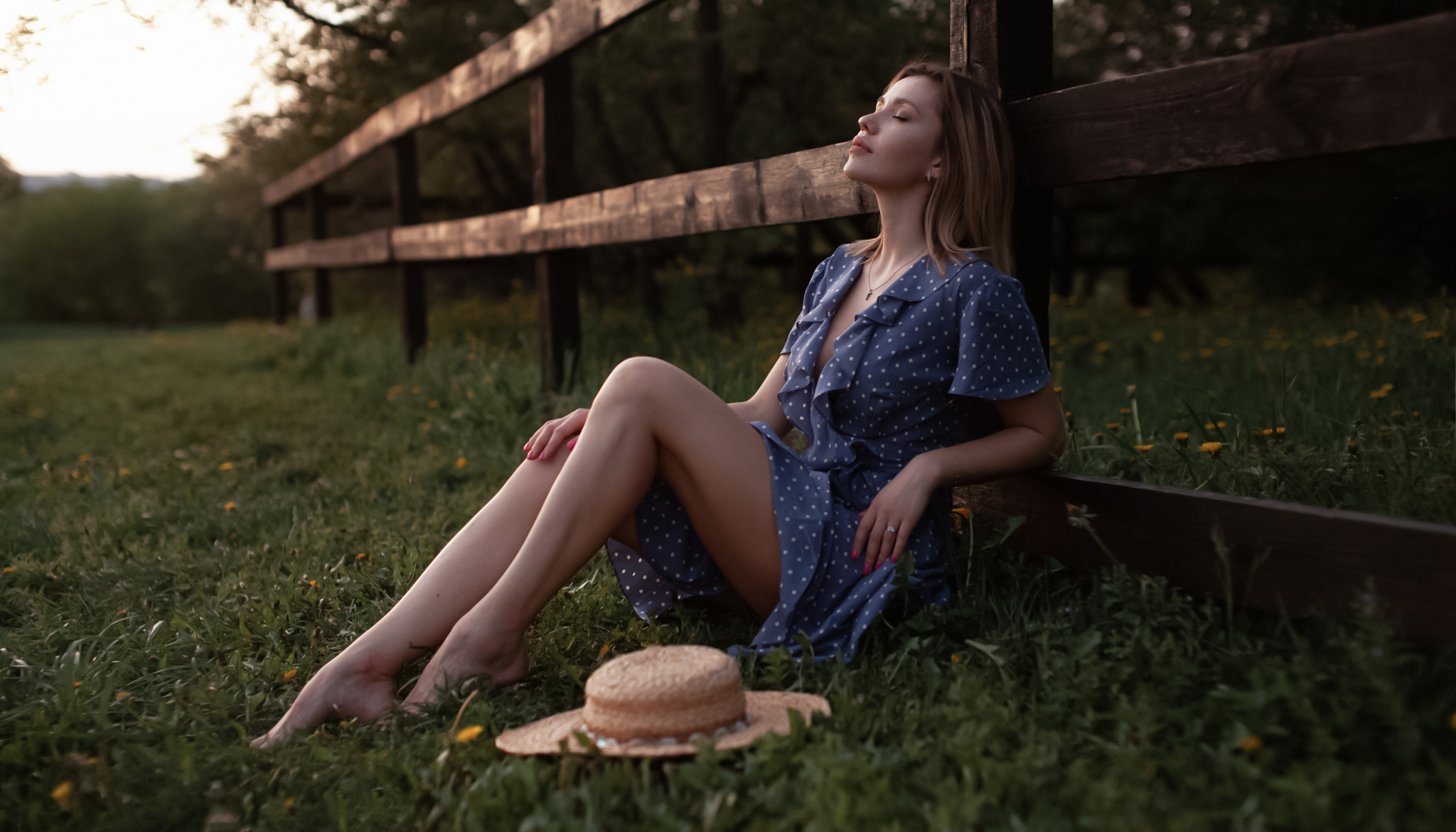 Andrey Frolov Women Blonde Closed Eyes Dress Barefoot Legs Dots Blue Clothing Hat Grass 2048x1171