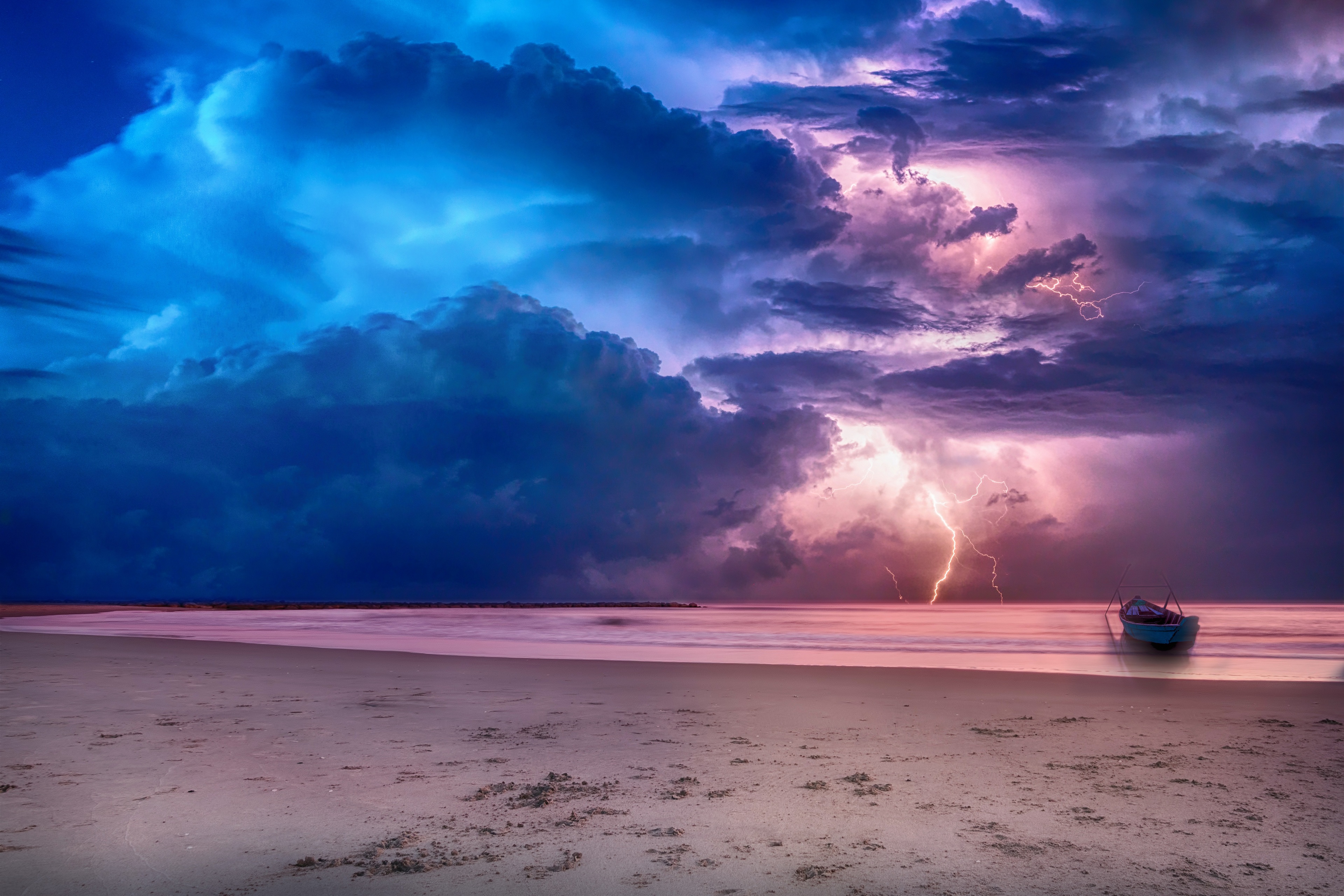 Lightning Nature Sea Beach Boat Sky Clouds Storm 3840x2560