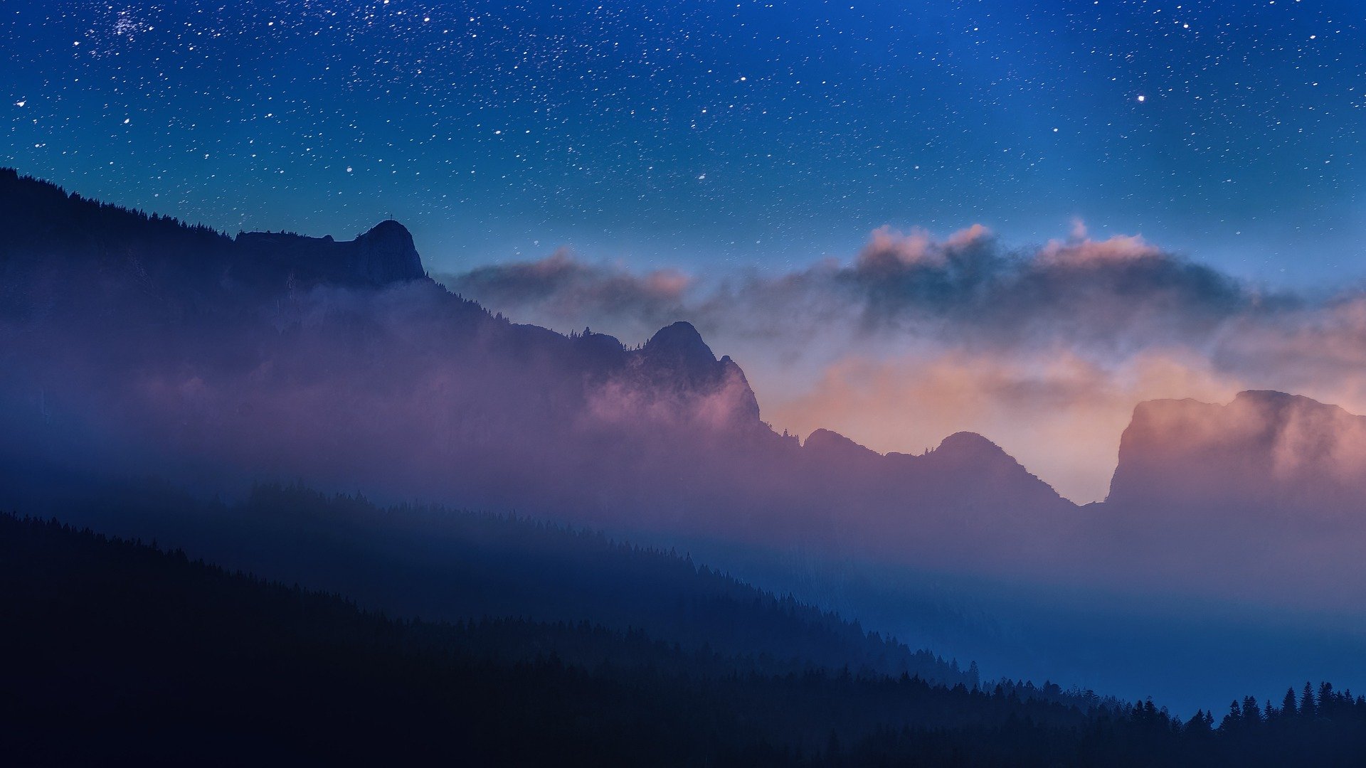 Nature Night Stars Mist Landscape Silhouette Forest 1920x1080