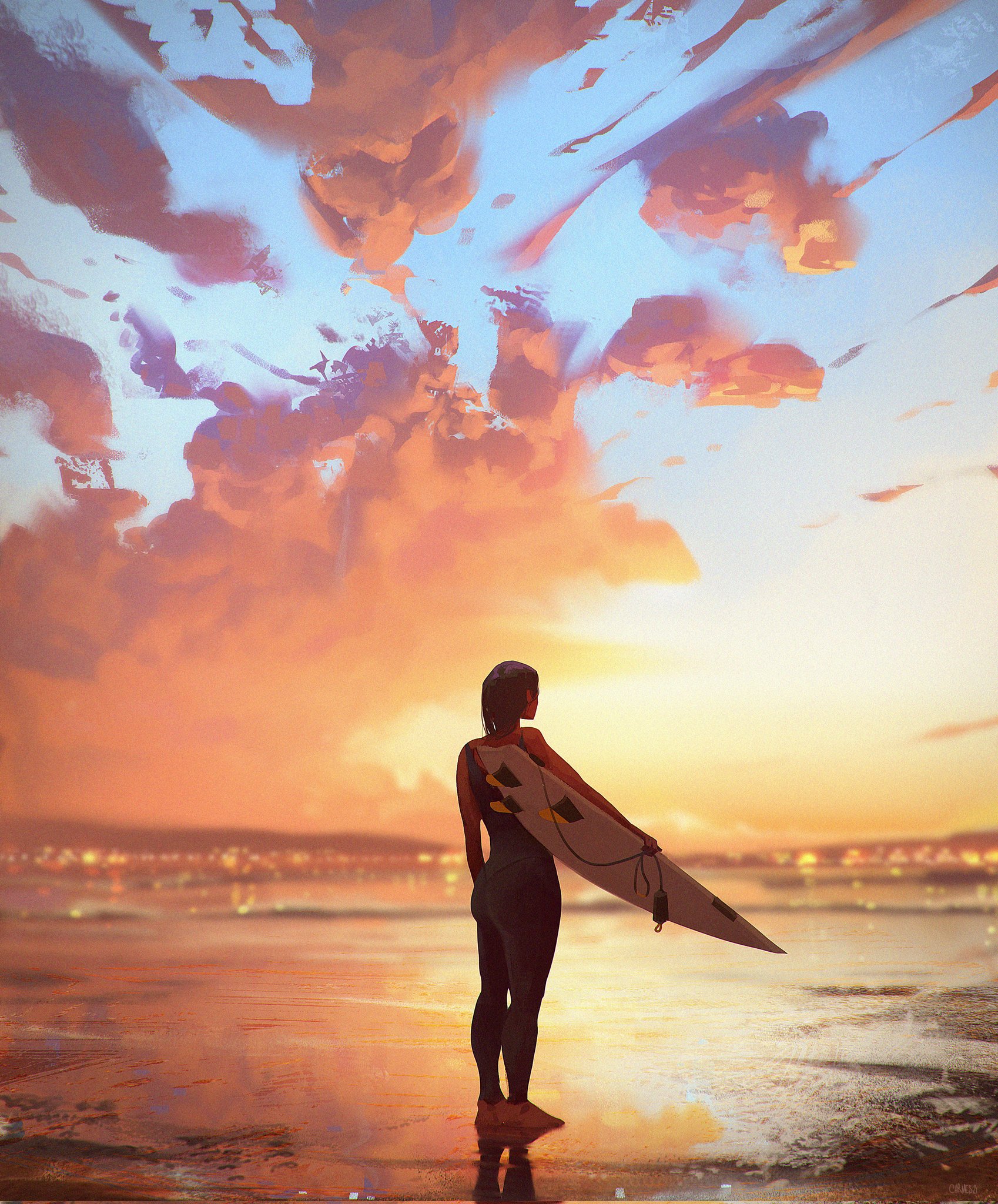 Illustration Nature Sea Beach Women Back Surfboards Clouds 1698x2048