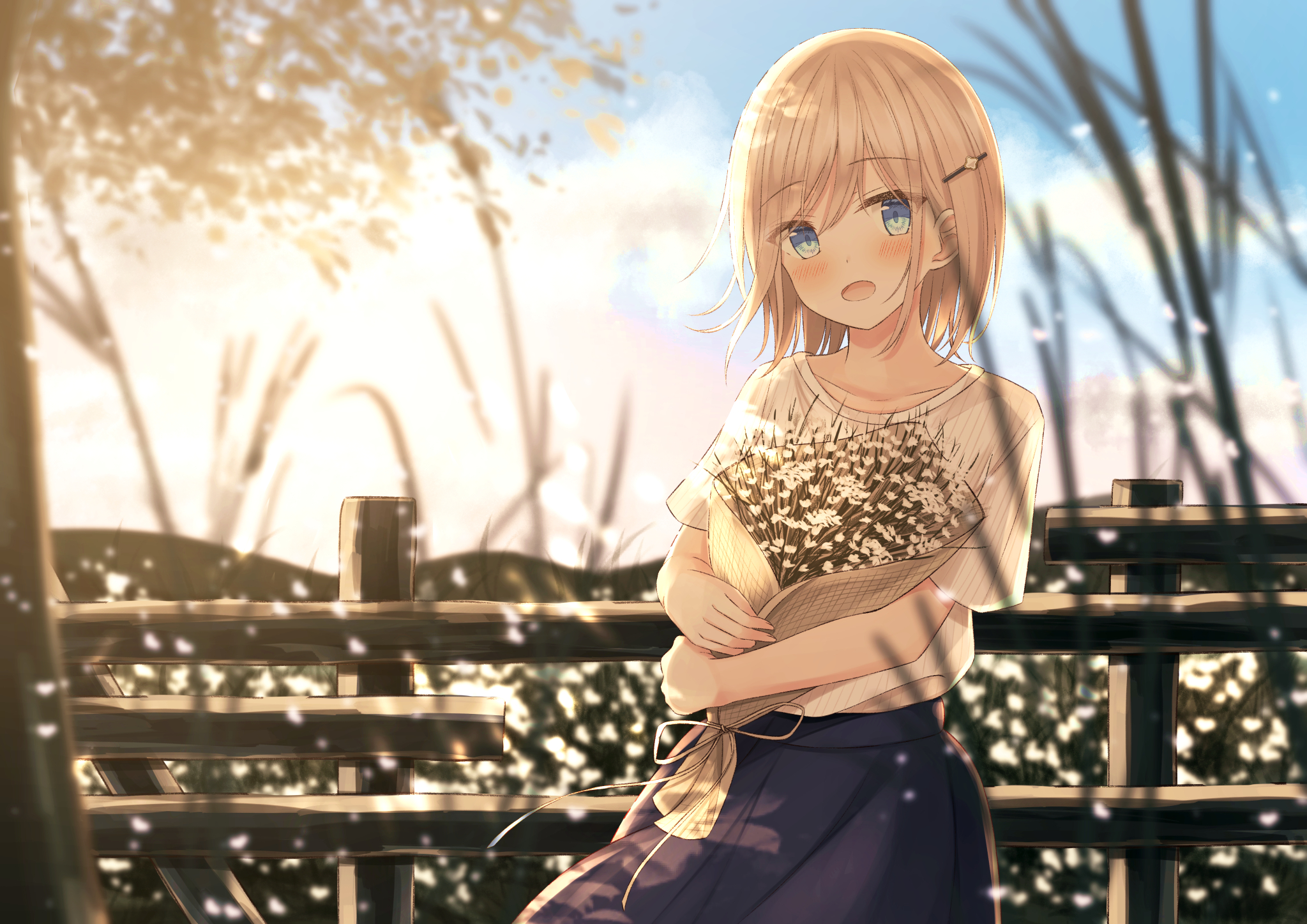 Anime Anime Girls Women Outdoors Flowers Plants Blue Eyes Open Mouth Blonde Artwork Senri Sen 2047x1447