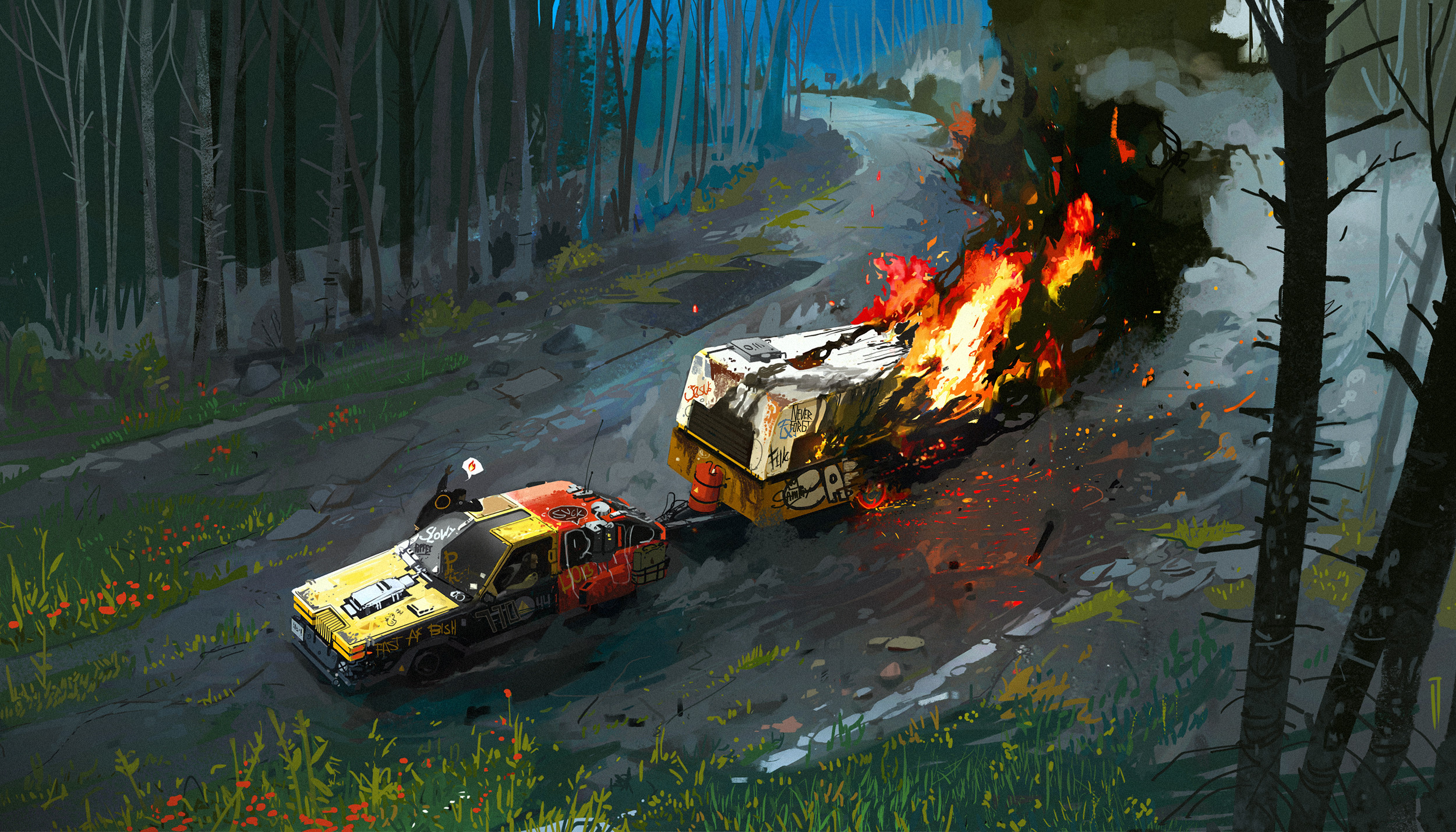 Ismail Inceoglu Artwork Car Vehicle Hindcarriage Fire Burning ArtStation 2500x1429