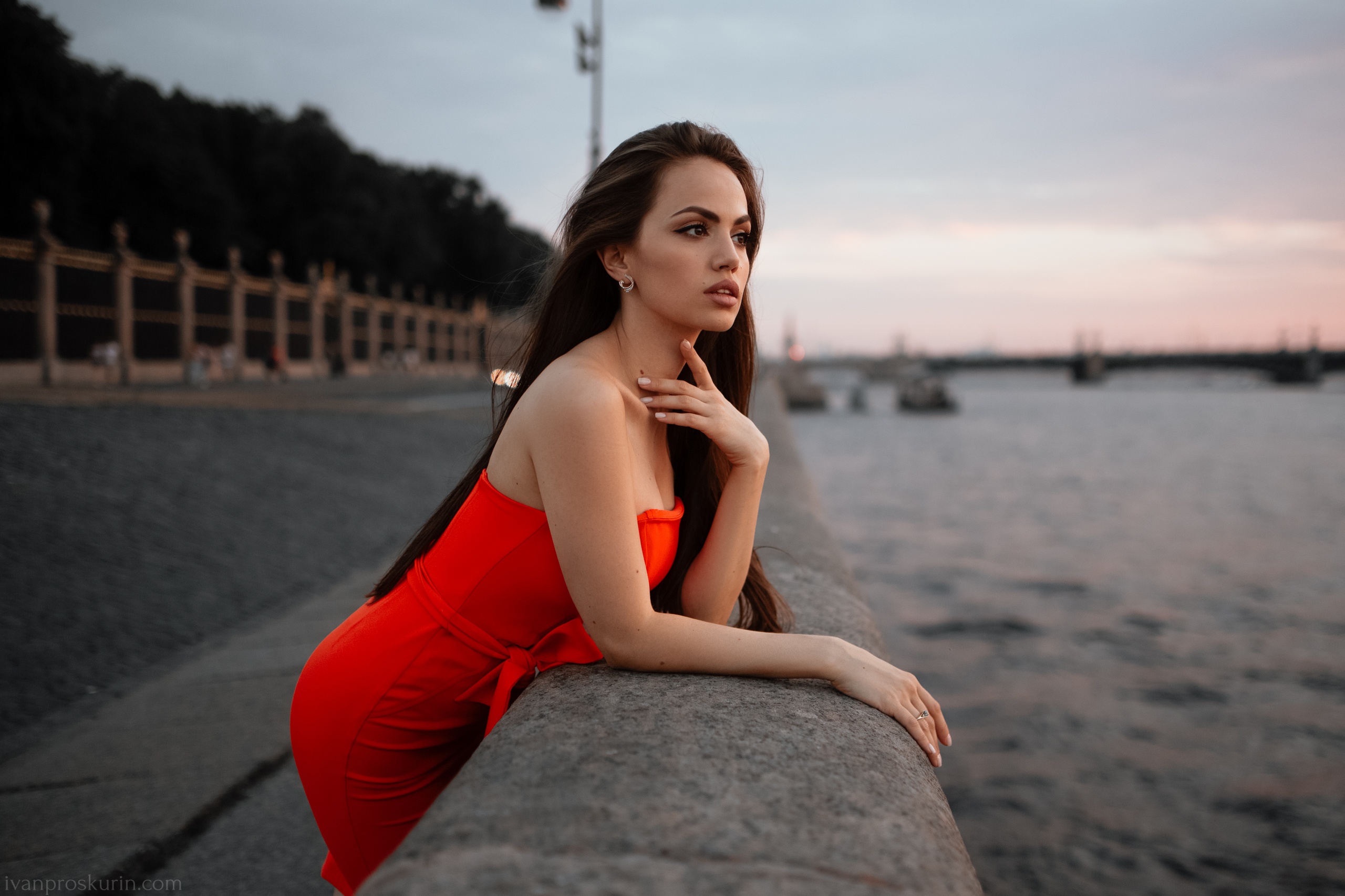 Model Women Red Lipstick Red Dress Long Hair Women Outdoors Zemfira Ismailova 2560x1707