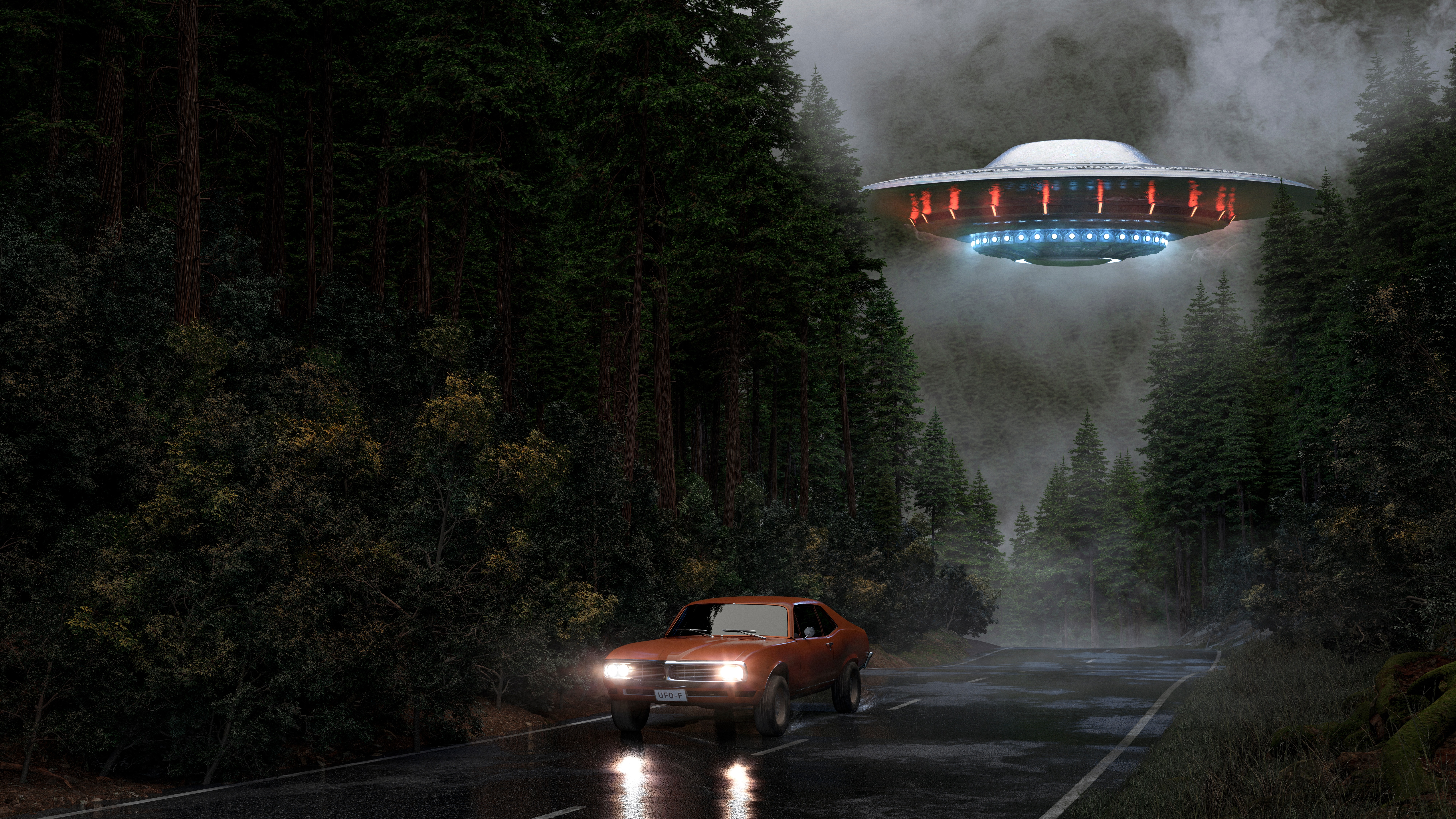 Road Spaceship Car Forest Flying Mist Rain Artwork Futuristic Science Fiction Lights Vehicle 8000x4500