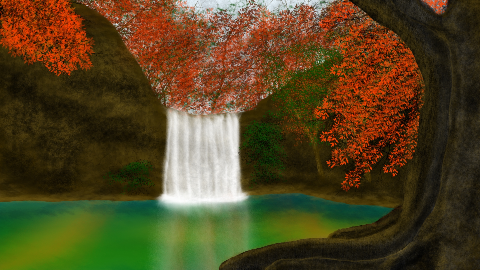 Digital Painting Nature Waterfall 1920x1080